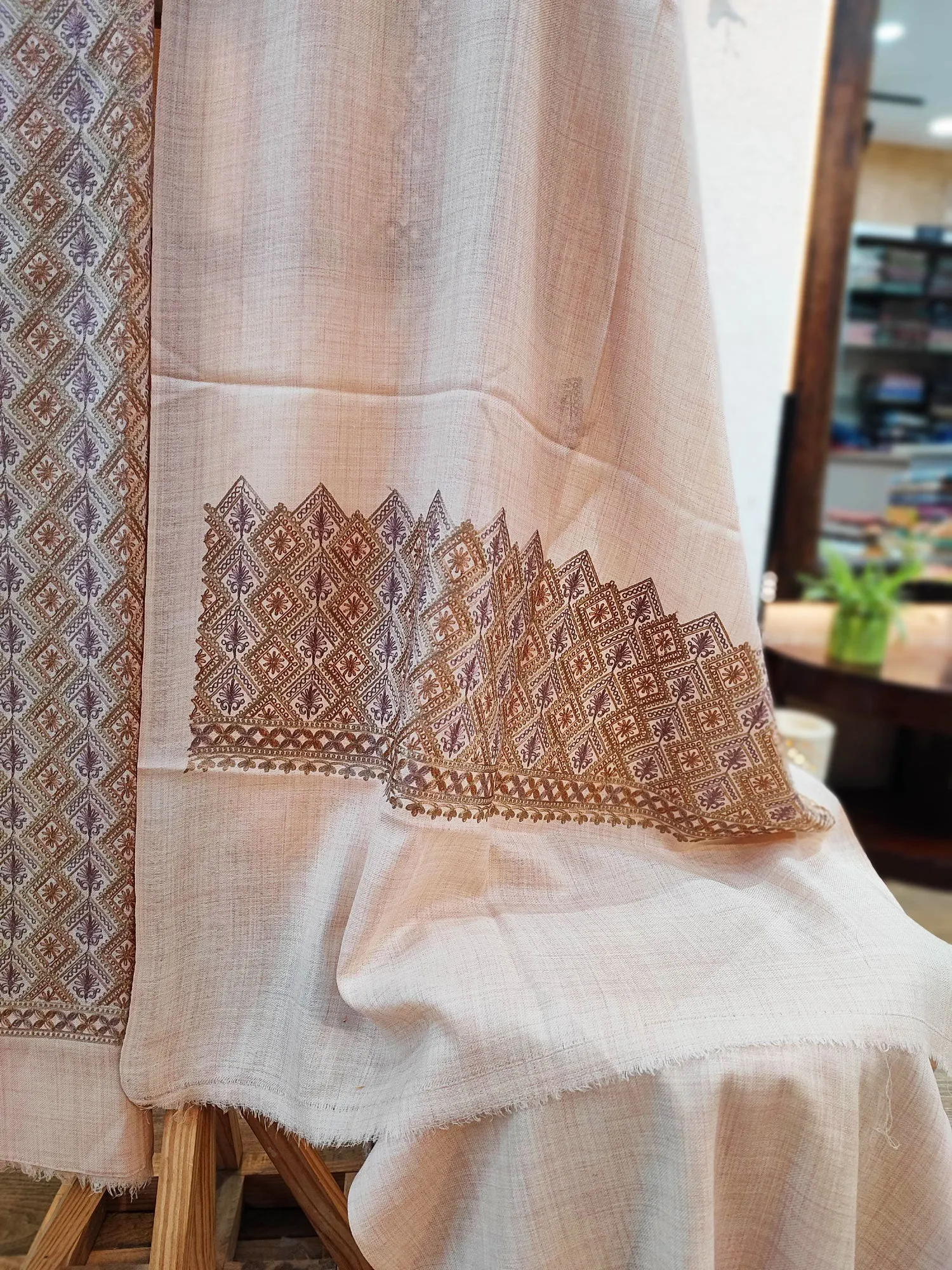 Beige Pure Wool Intricately Embroidered Kurta, Pant, and Shawl Set