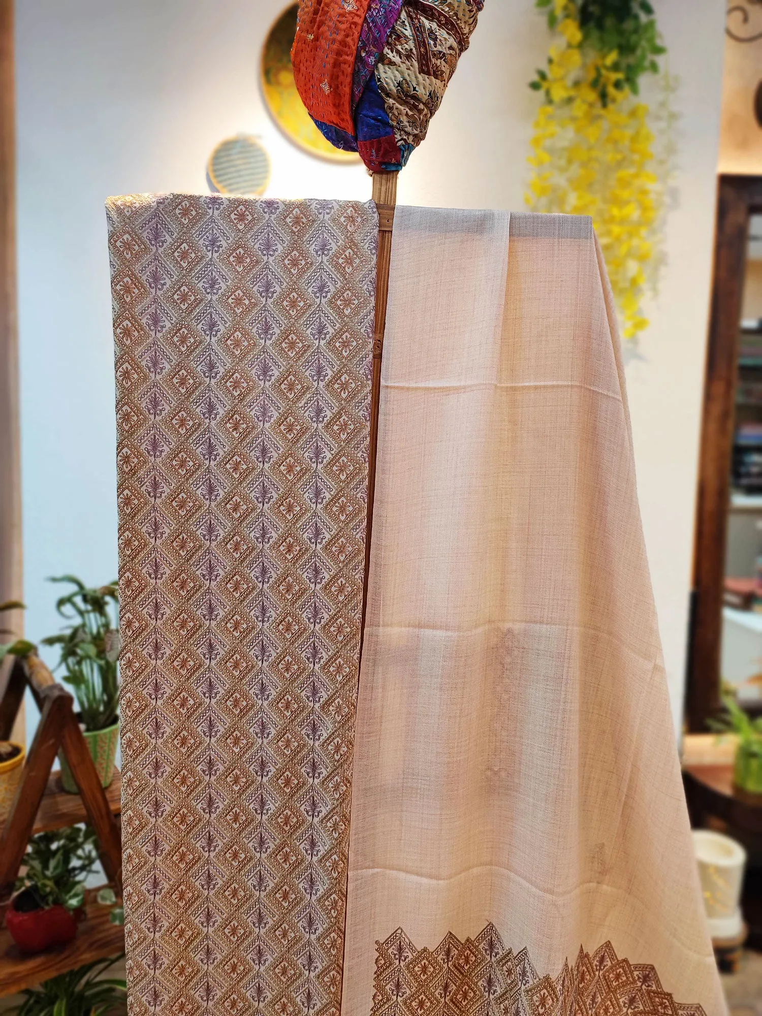 Beige Pure Wool Intricately Embroidered Kurta, Pant, and Shawl Set