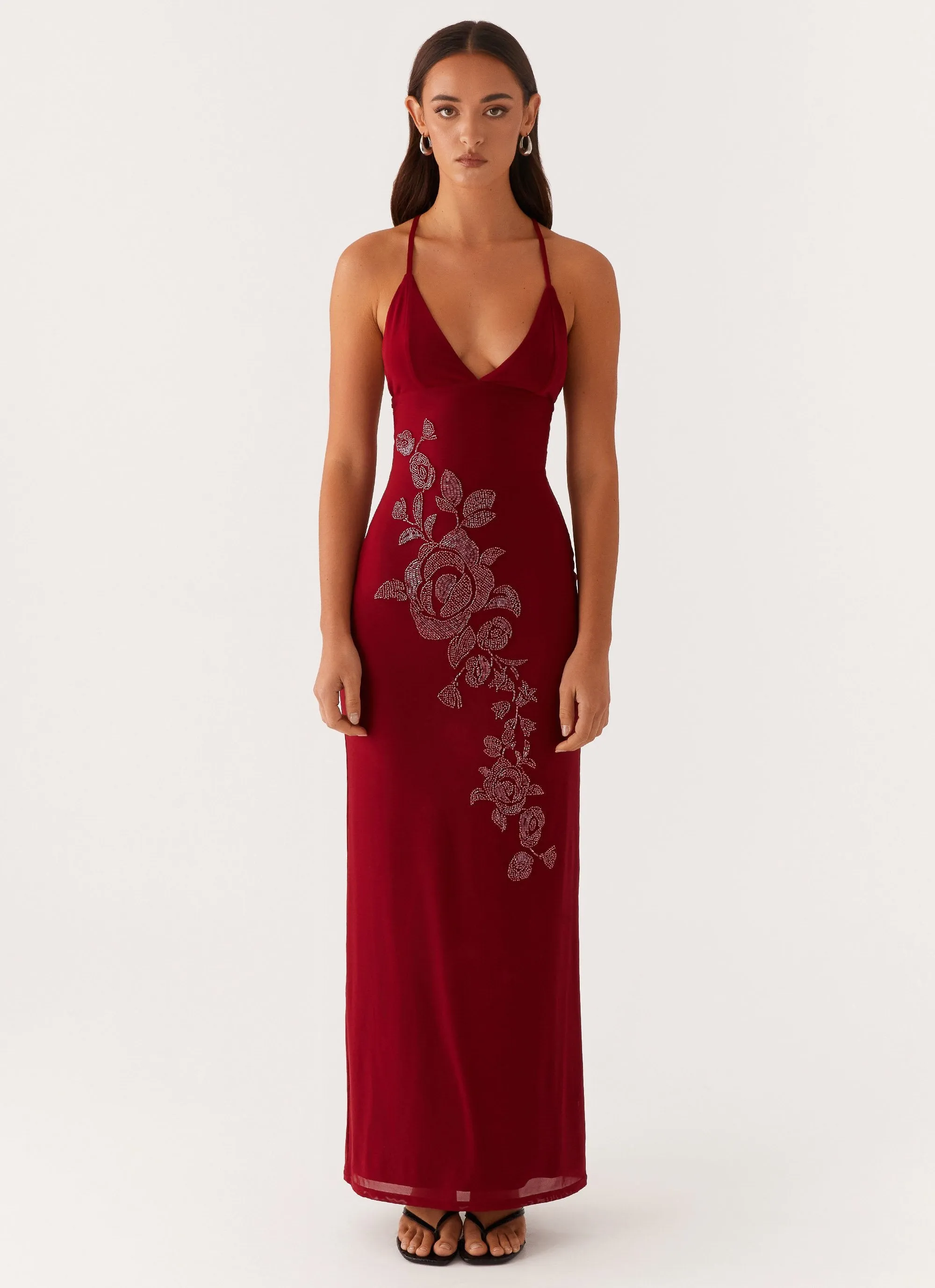 Layered Form Beki Beaded Mesh Maxi Dress - Deep Red