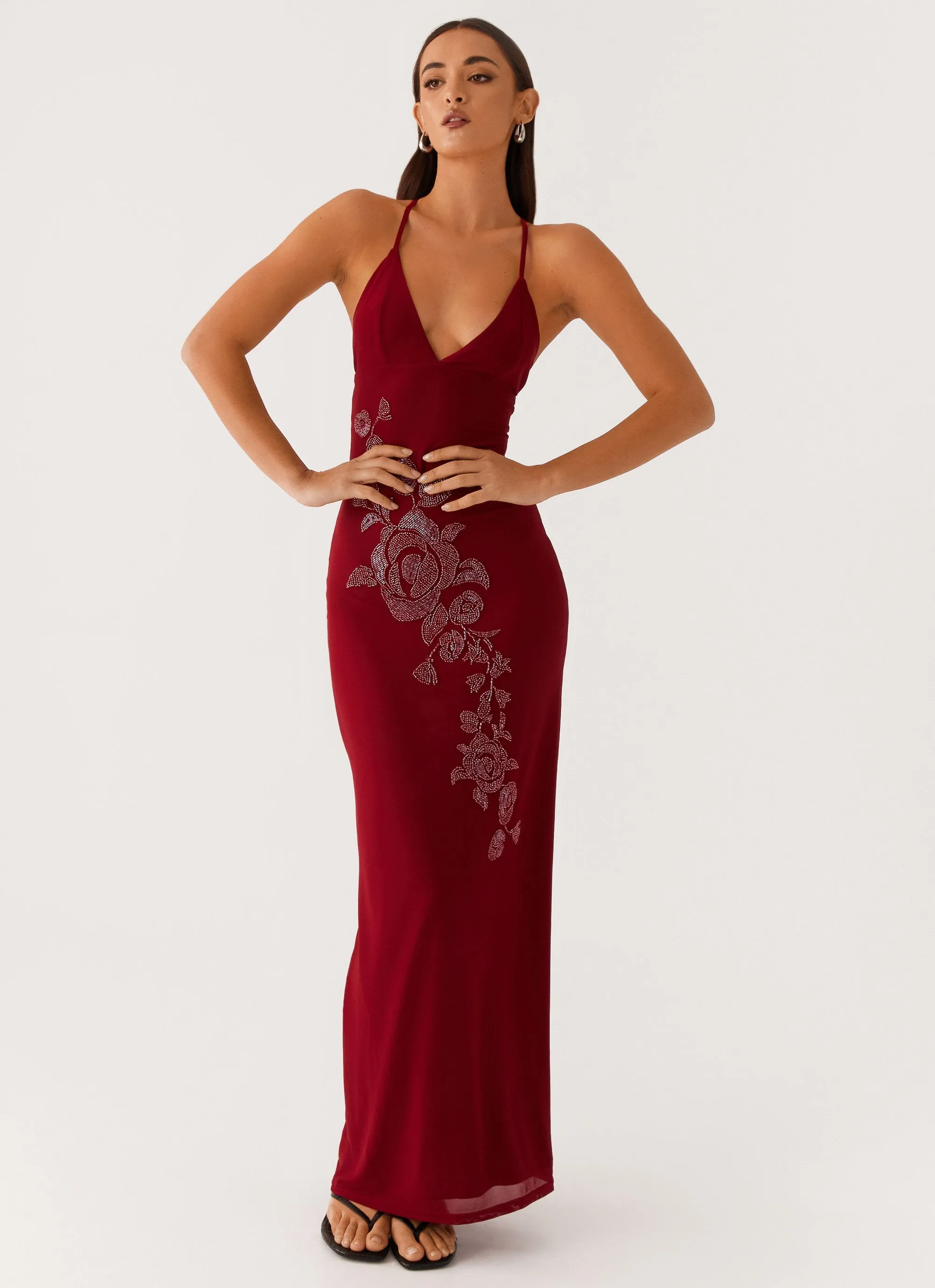Vibrant Movement Ready Anytime Beki Beaded Mesh Maxi Dress - Deep Red