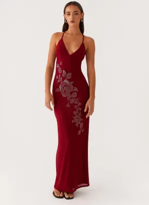 Chic Silhouette Beki Beaded Mesh Maxi Dress - Deep Red