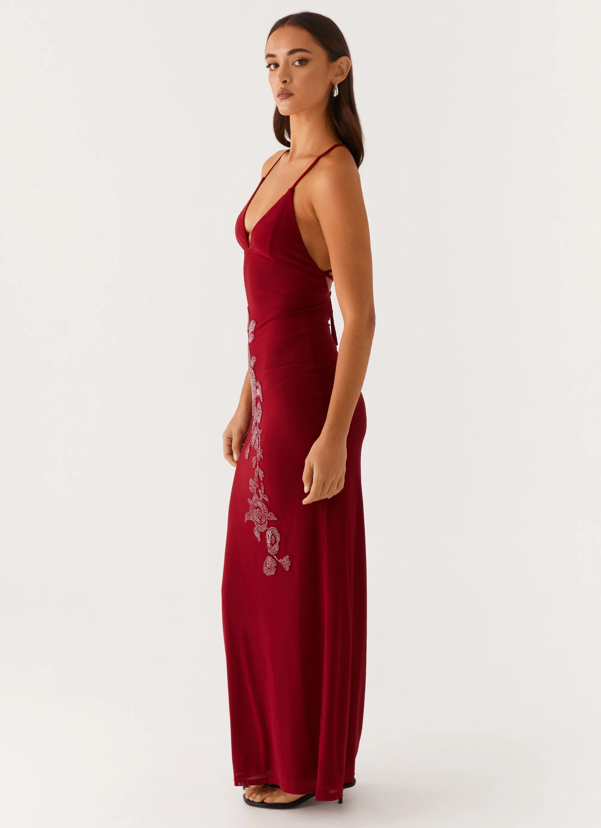 Built-In-Slip Beki Beaded Mesh Maxi Dress - Deep Red
