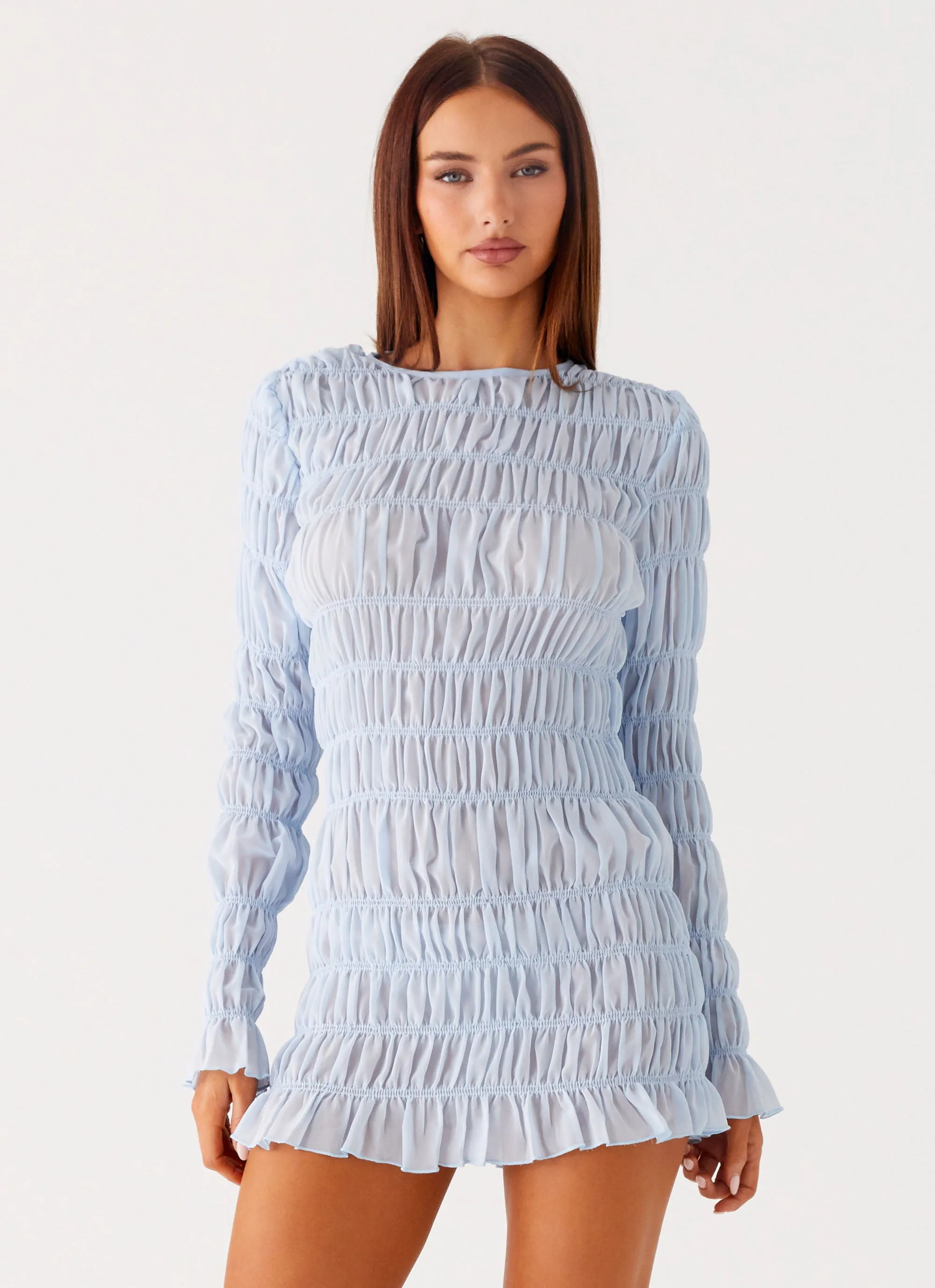 Asymmetric-Neck Simple yet chic gown Jasy Long Sleeve Mini Dress - Sky Blue