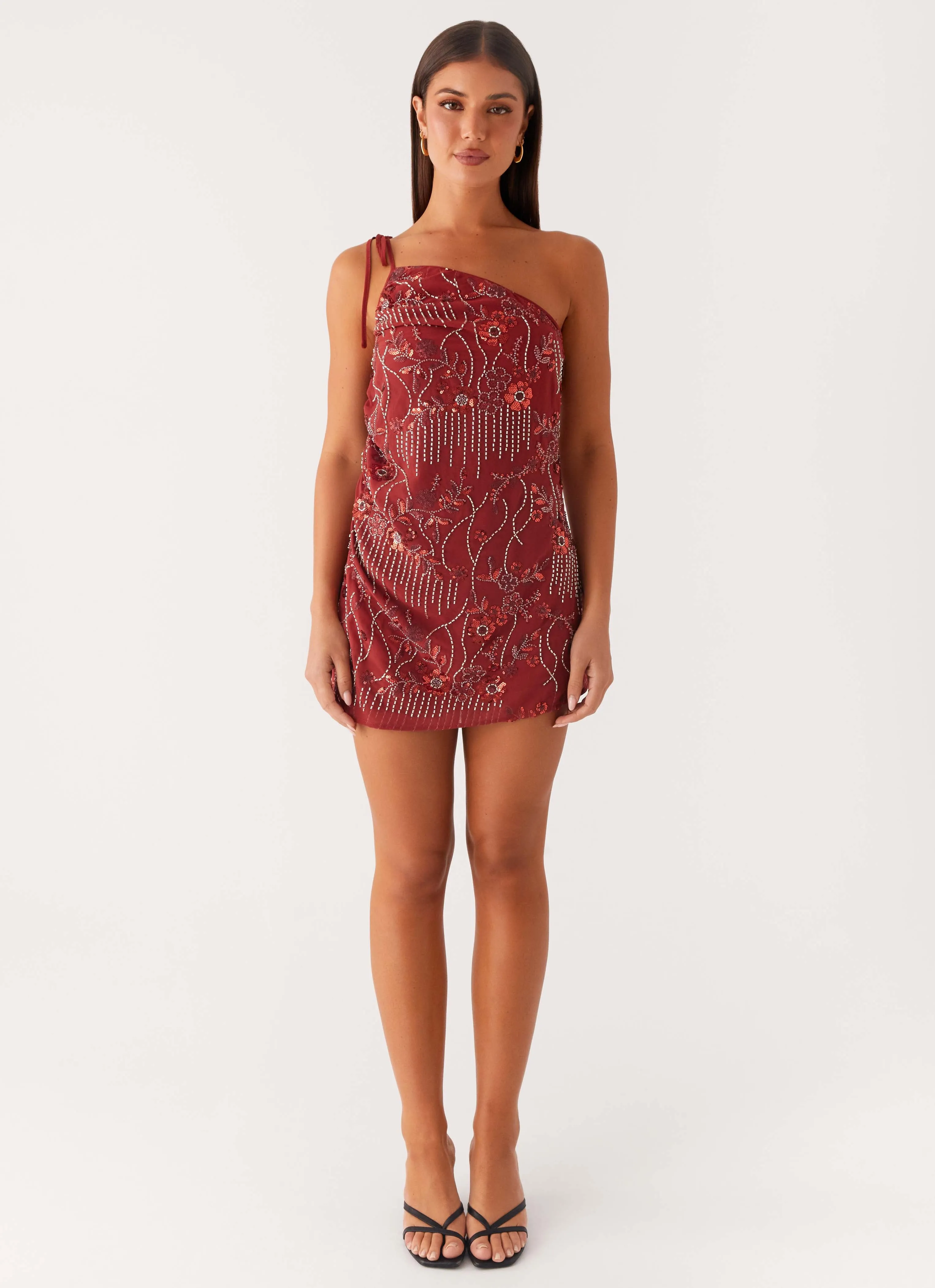 Crisp Look Temptational Beaded One Shoulder Mini Dress - Rust