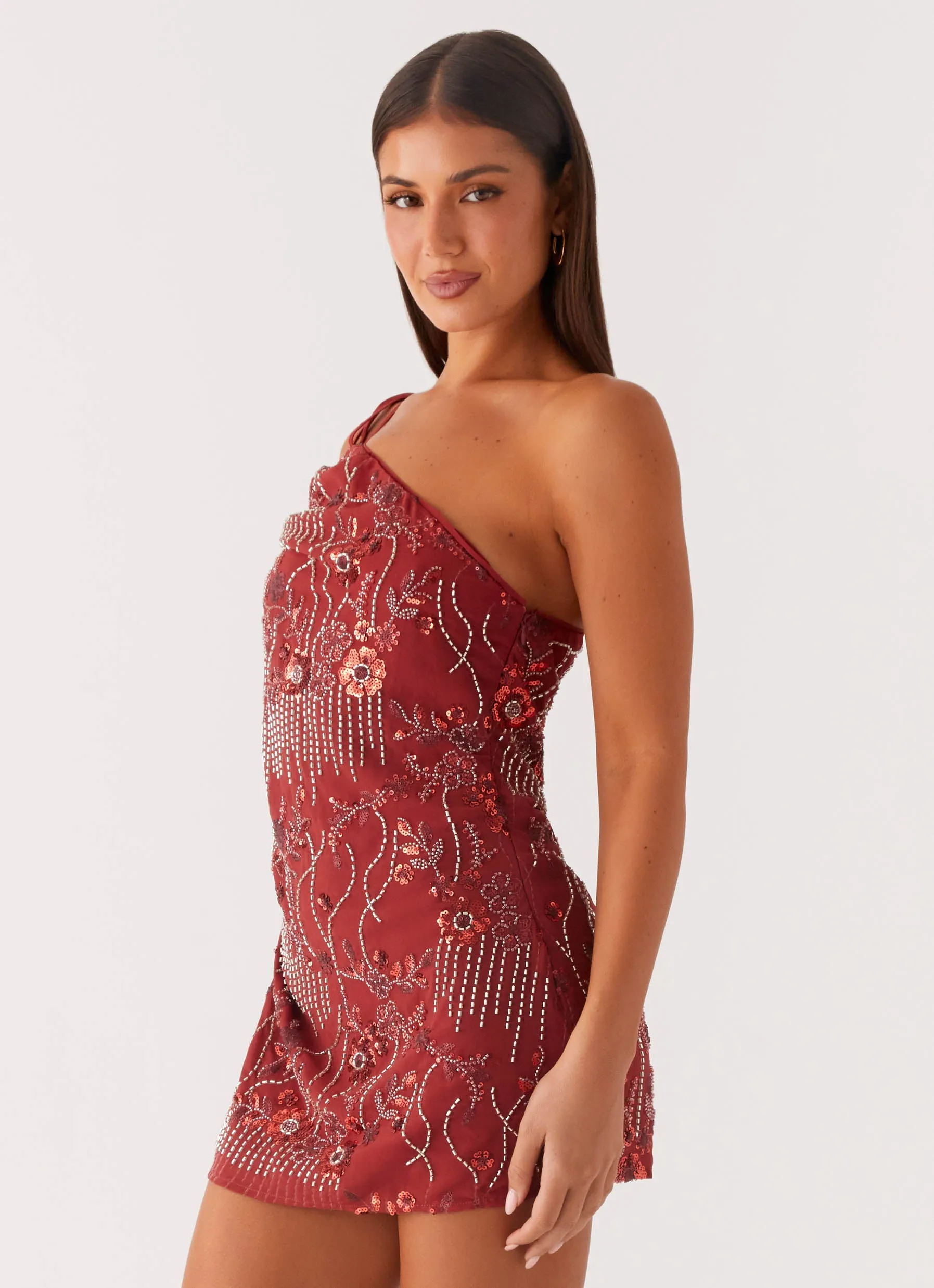 Temptational Beaded One Shoulder Mini Dress - Rust Seasonal Layering