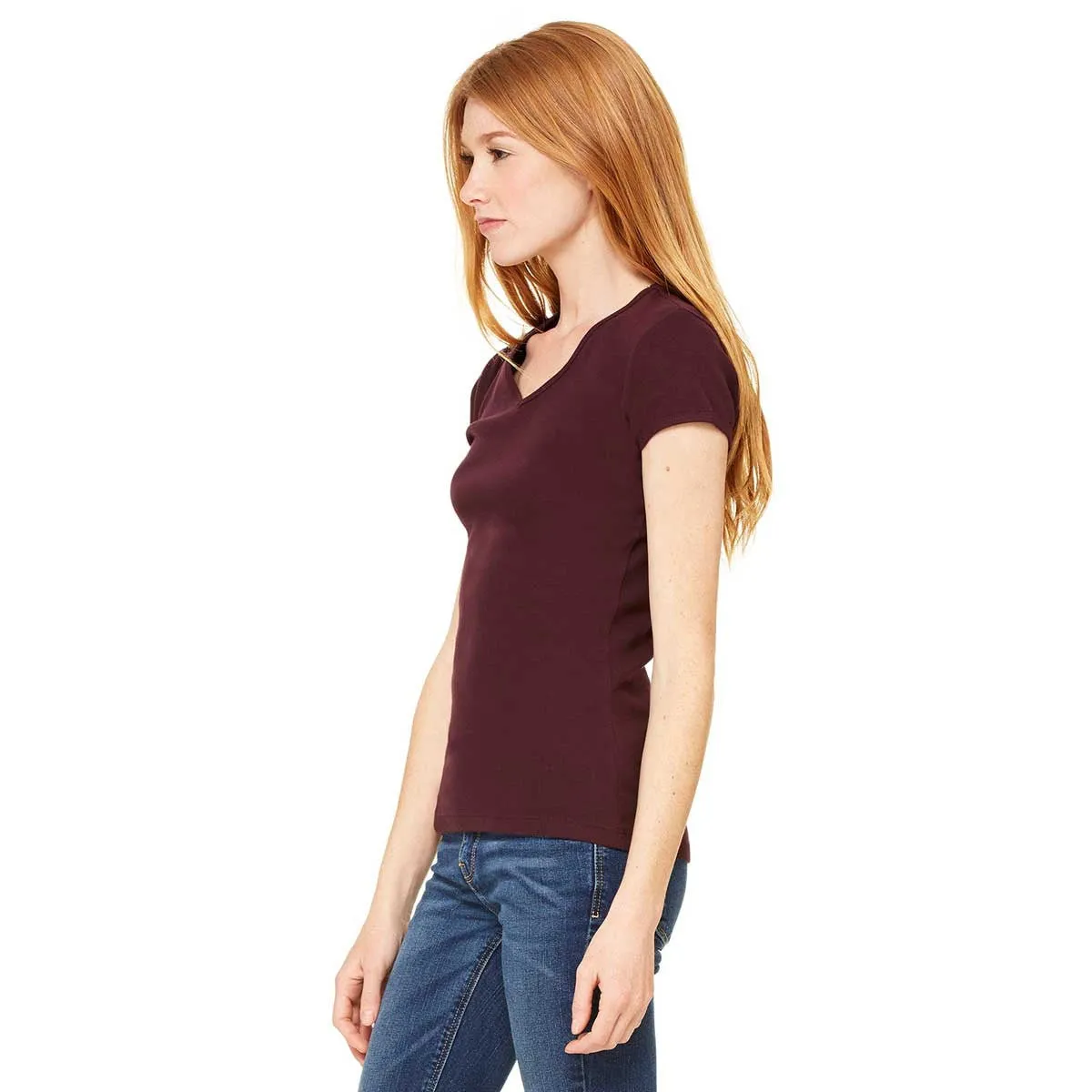 Bella   Canvas Women's Plum Stretch Rib Short-Sleeve V-Neck T-Shirt