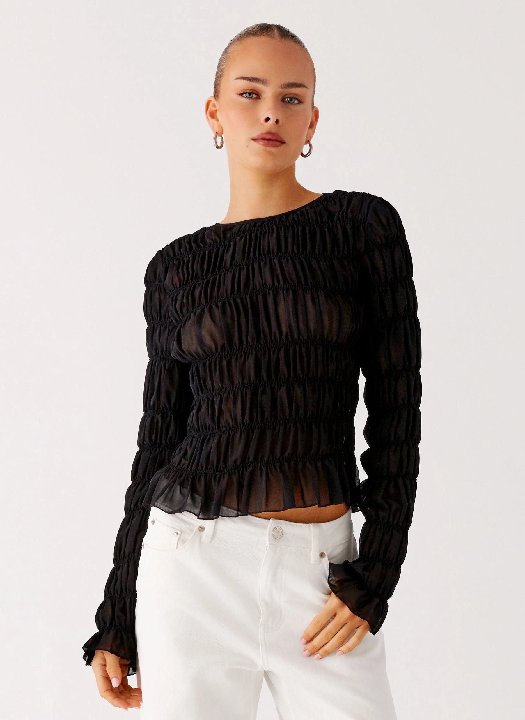 Bella Long Sleeve Top - Black Wide Shoulder Cut