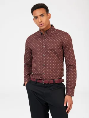Ben Sherman Geo Print Poplin Long Sleeve Shirt - Aubergine