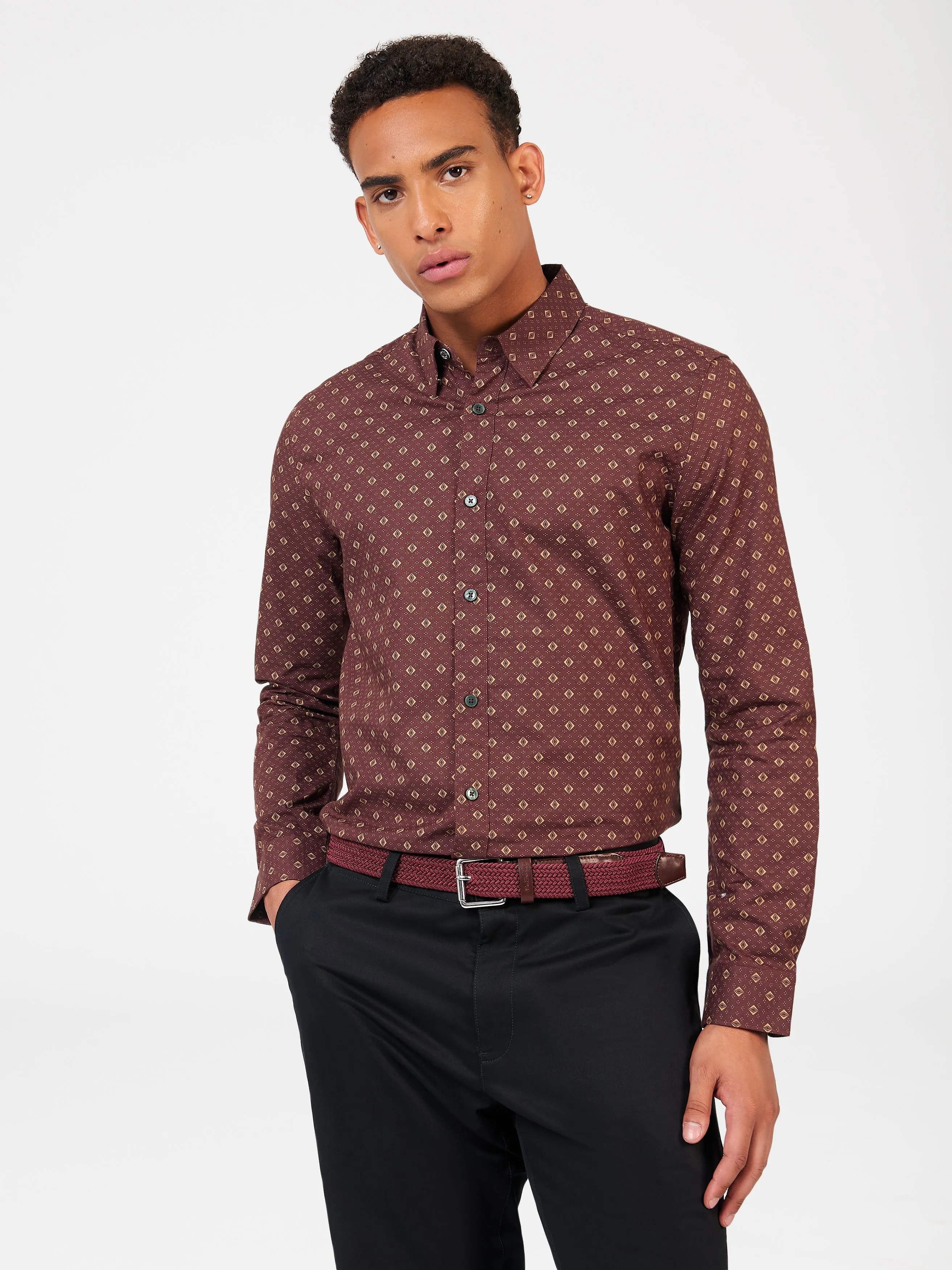 Ben Sherman Geo Print Poplin Long Sleeve Shirt - Aubergine