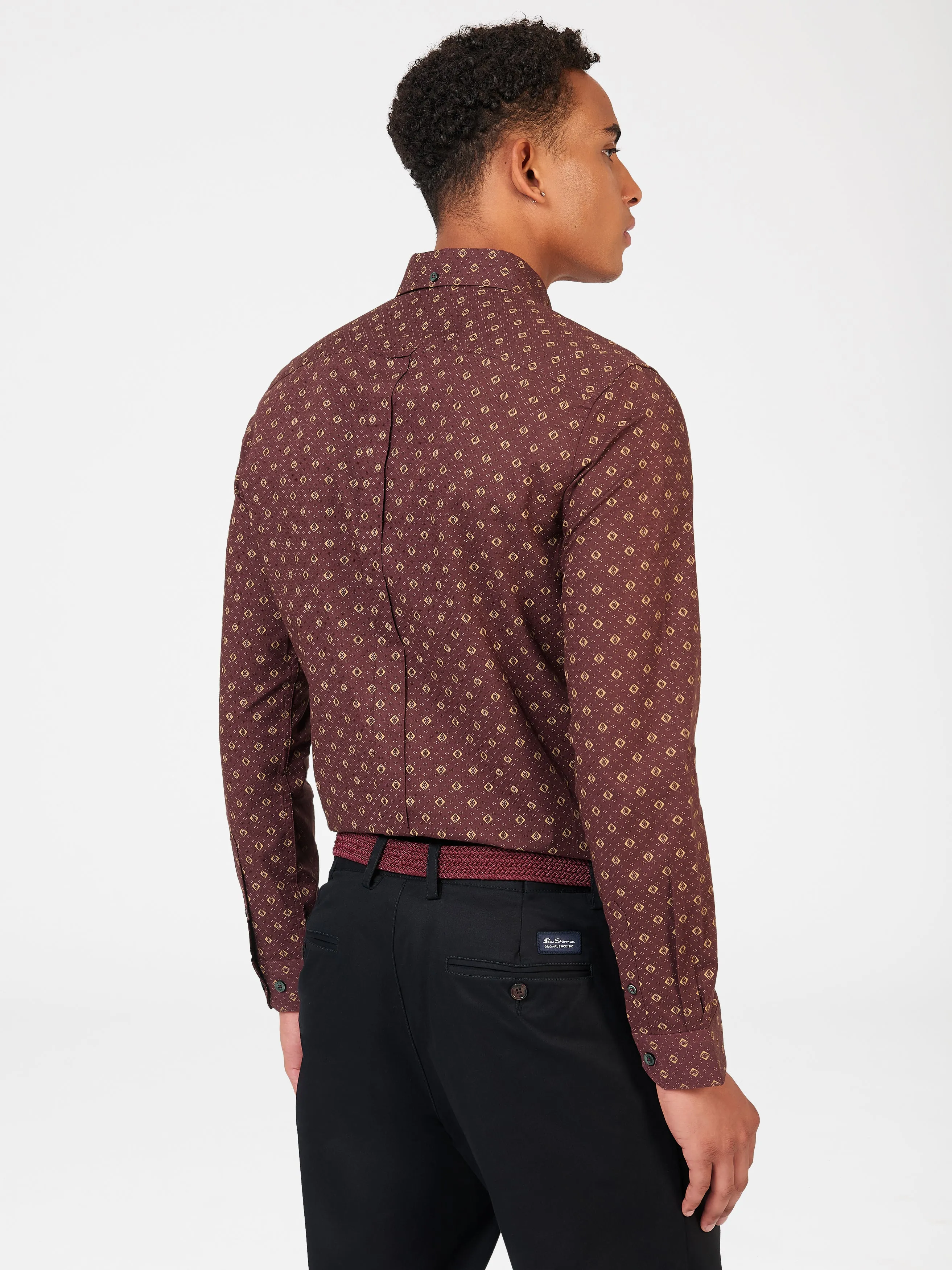 Ben Sherman Geo Print Poplin Long Sleeve Shirt - Aubergine