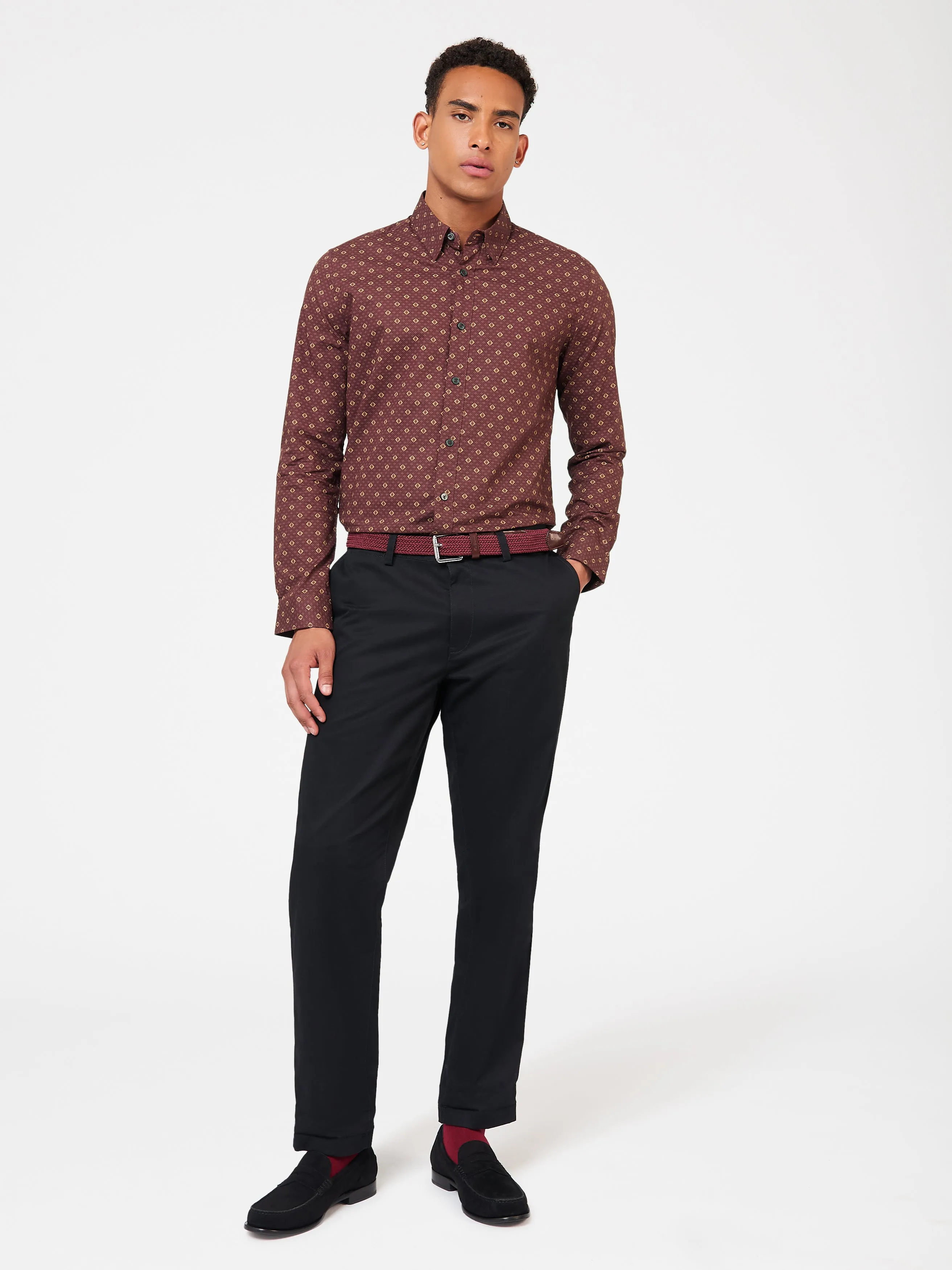 Ben Sherman Geo Print Poplin Long Sleeve Shirt - Aubergine