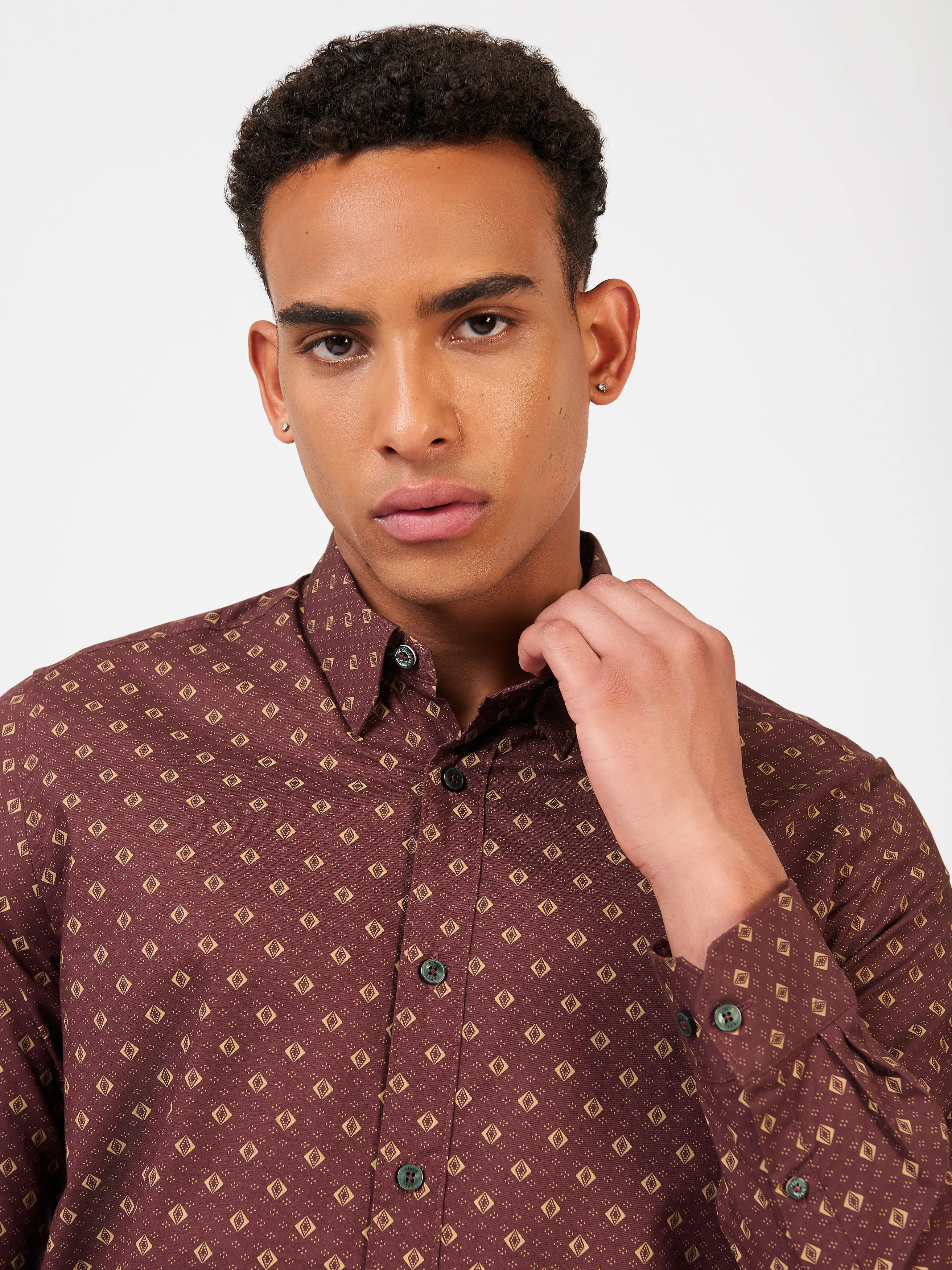 Ben Sherman Geo Print Poplin Long Sleeve Shirt - Aubergine