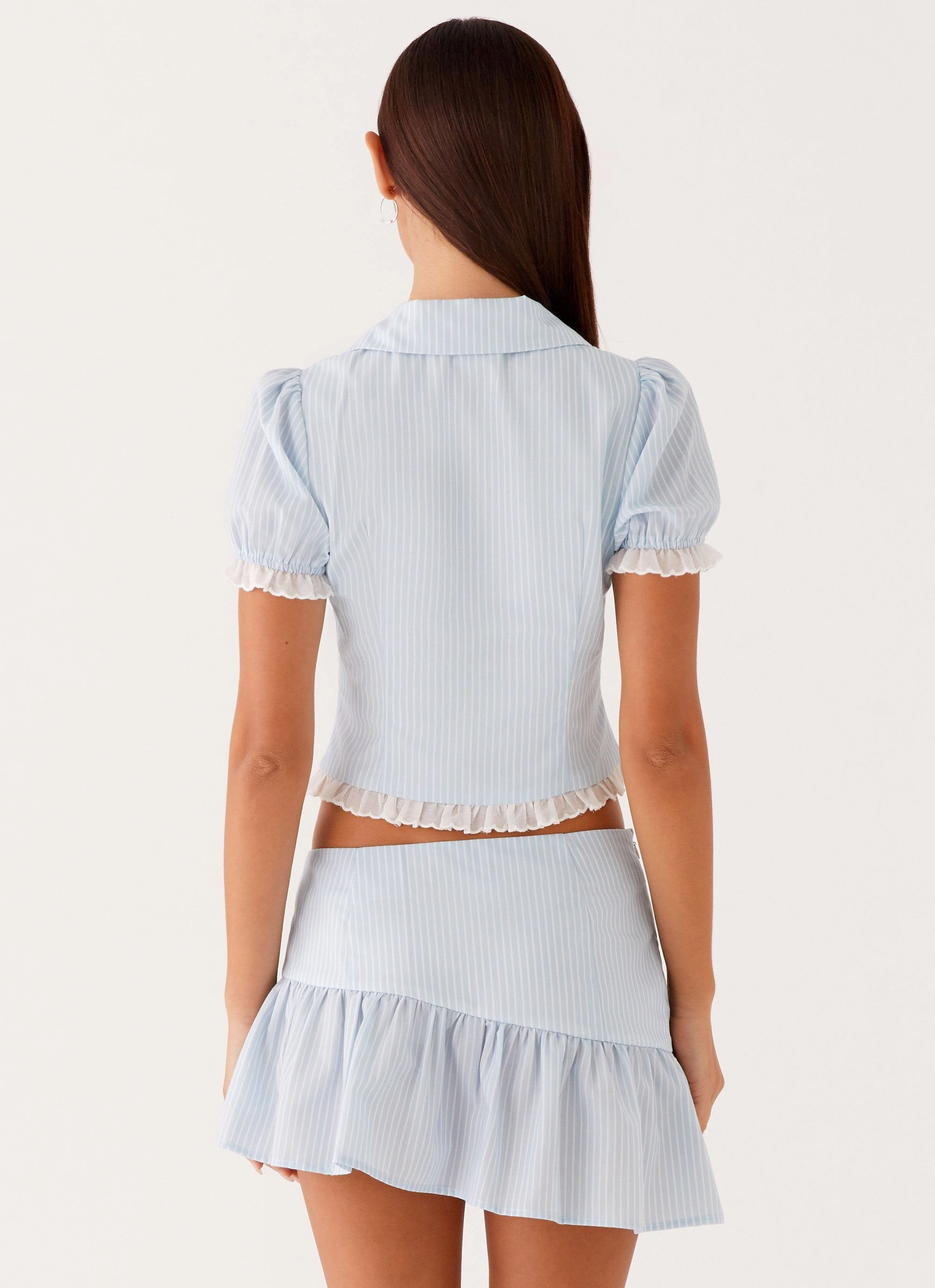 Bennett Button Up Top - Blue White Stripe Structured Shoulder CompressionSupportWeave