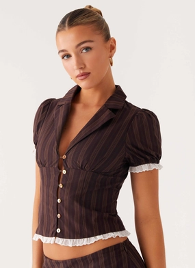 Bennett Button Up Top - Toffee Stripe Flexible Joint Mobility Daily Wear Jacket