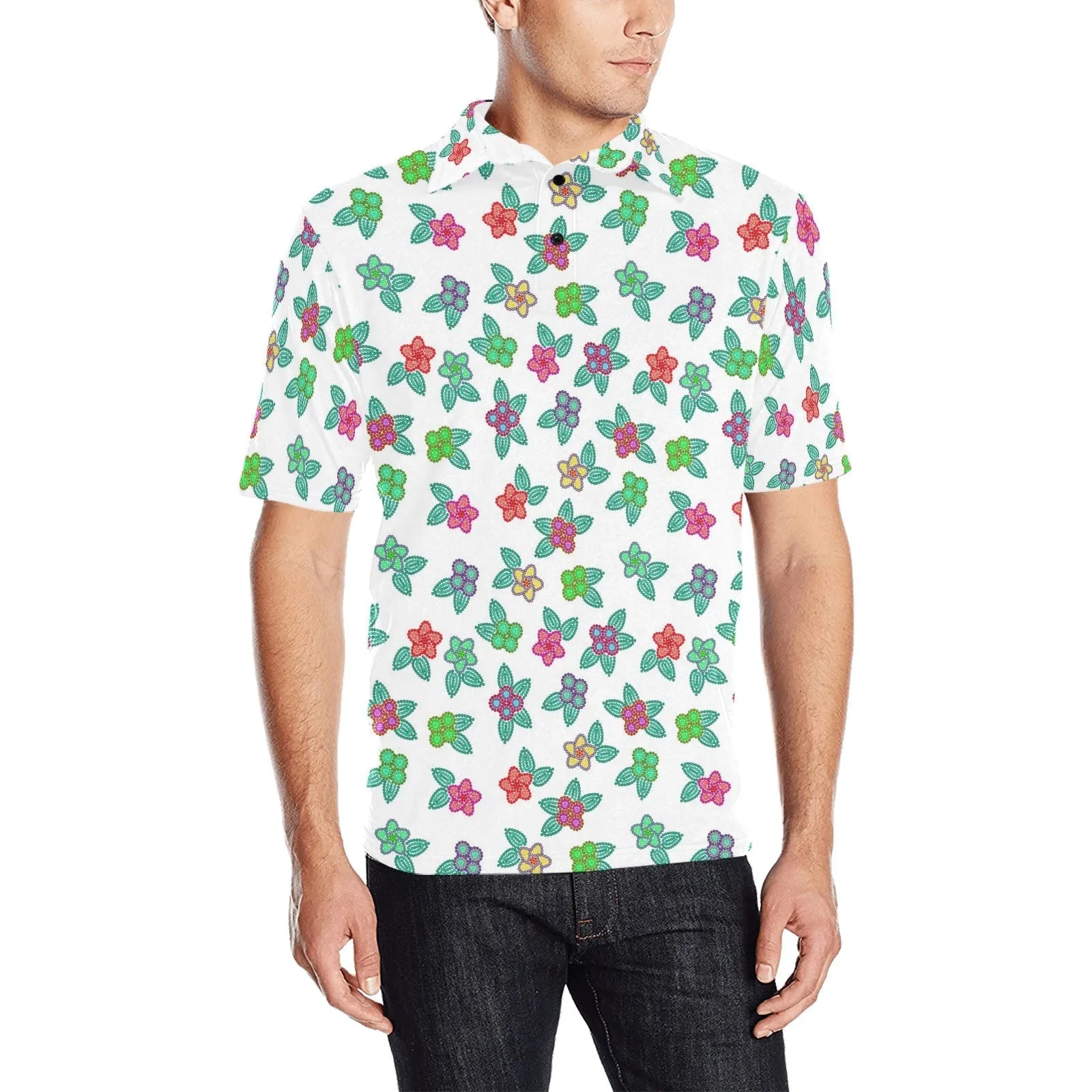 Berry Flowers White Men's Polo Shirt