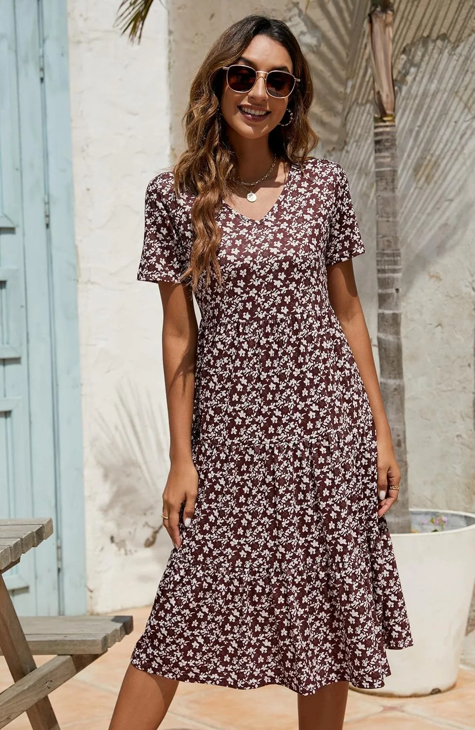 Berydress Women's Casual Summer Tiered Midi Dress 2025 Short Sleeve V-Neck Loose Cotton Ruffle Babydoll Dress Boho Sundress