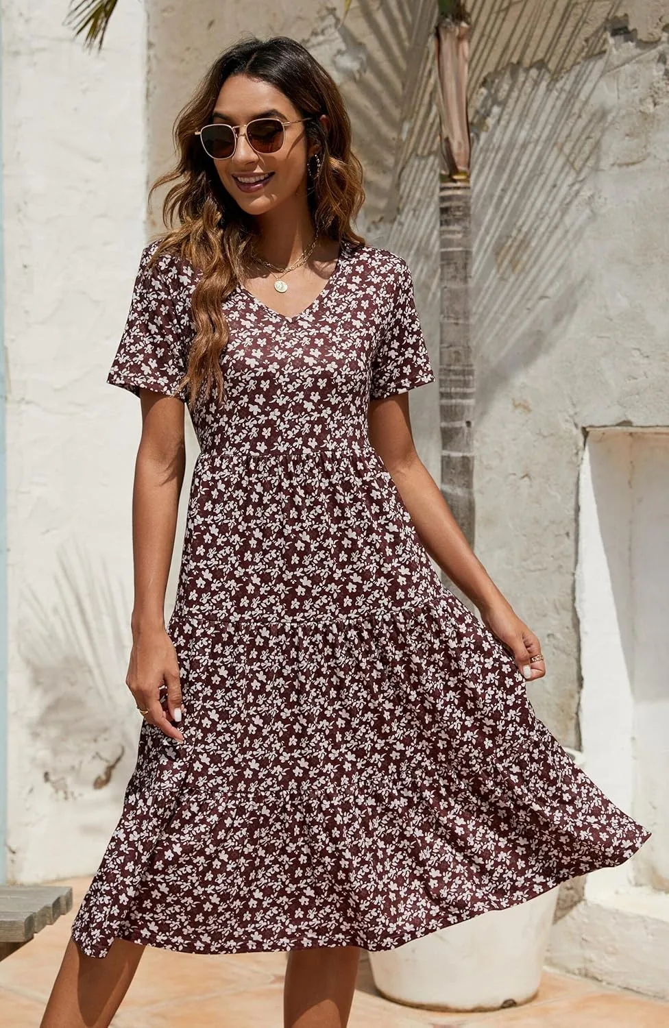 Berydress Women's Casual Summer Tiered Midi Dress 2025 Short Sleeve V-Neck Loose Cotton Ruffle Babydoll Dress Boho Sundress