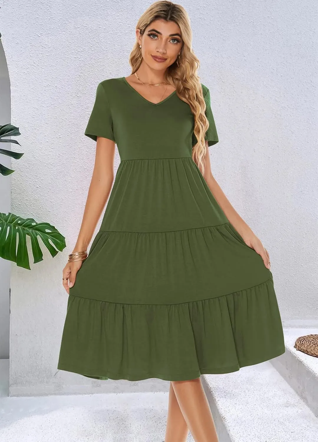 Berydress Women's Casual Summer Tiered Midi Dress 2025 Short Sleeve V-Neck Loose Cotton Ruffle Babydoll Dress Boho Sundress