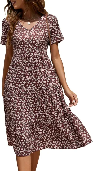 Berydress Women's Casual Summer Tiered Midi Dress 2025 Short Sleeve V-Neck Loose Cotton Ruffle Babydoll Dress Boho Sundress