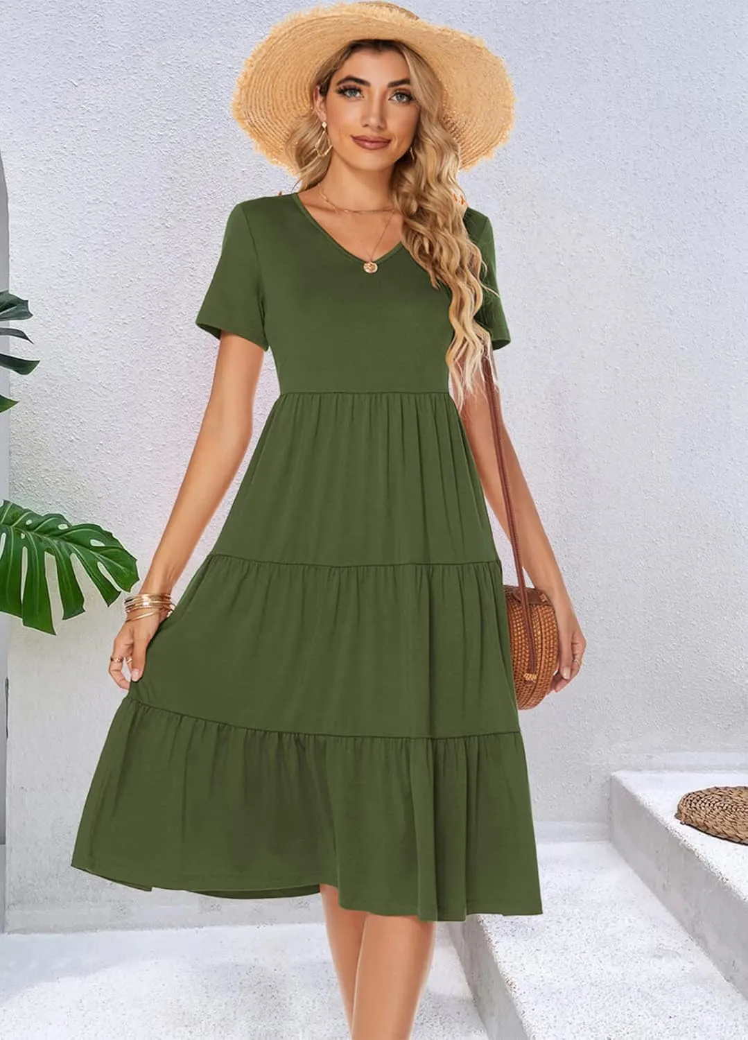 Berydress Women's Casual Summer Tiered Midi Dress 2025 Short Sleeve V-Neck Loose Cotton Ruffle Babydoll Dress Boho Sundress