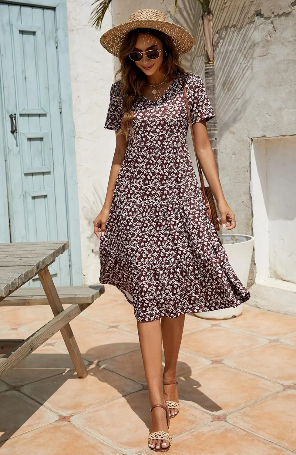 Berydress Women's Casual Summer Tiered Midi Dress 2025 Short Sleeve V-Neck Loose Cotton Ruffle Babydoll Dress Boho Sundress