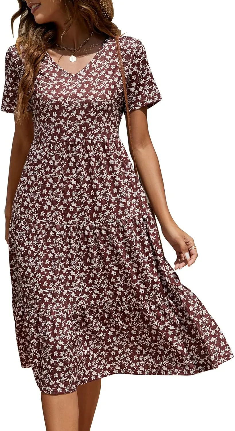 Berydress Women's Casual Summer Tiered Midi Dress 2025 Short Sleeve V-Neck Loose Cotton Ruffle Babydoll Dress Boho Sundress
