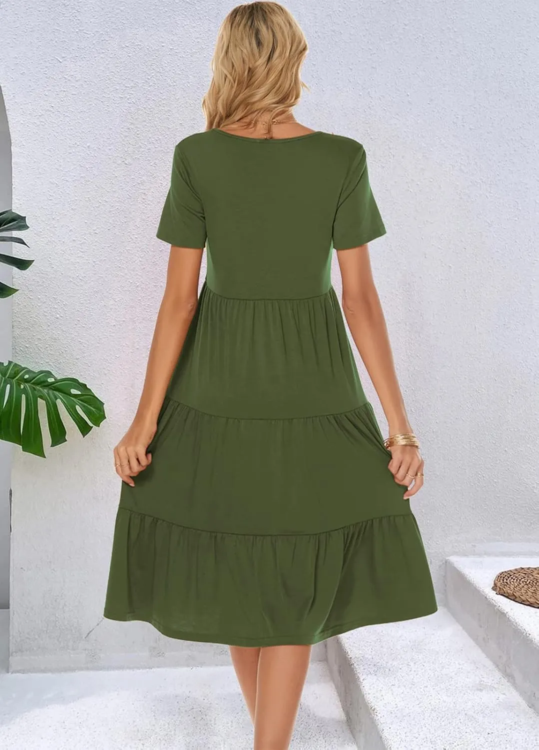 Berydress Women's Casual Summer Tiered Midi Dress 2025 Short Sleeve V-Neck Loose Cotton Ruffle Babydoll Dress Boho Sundress