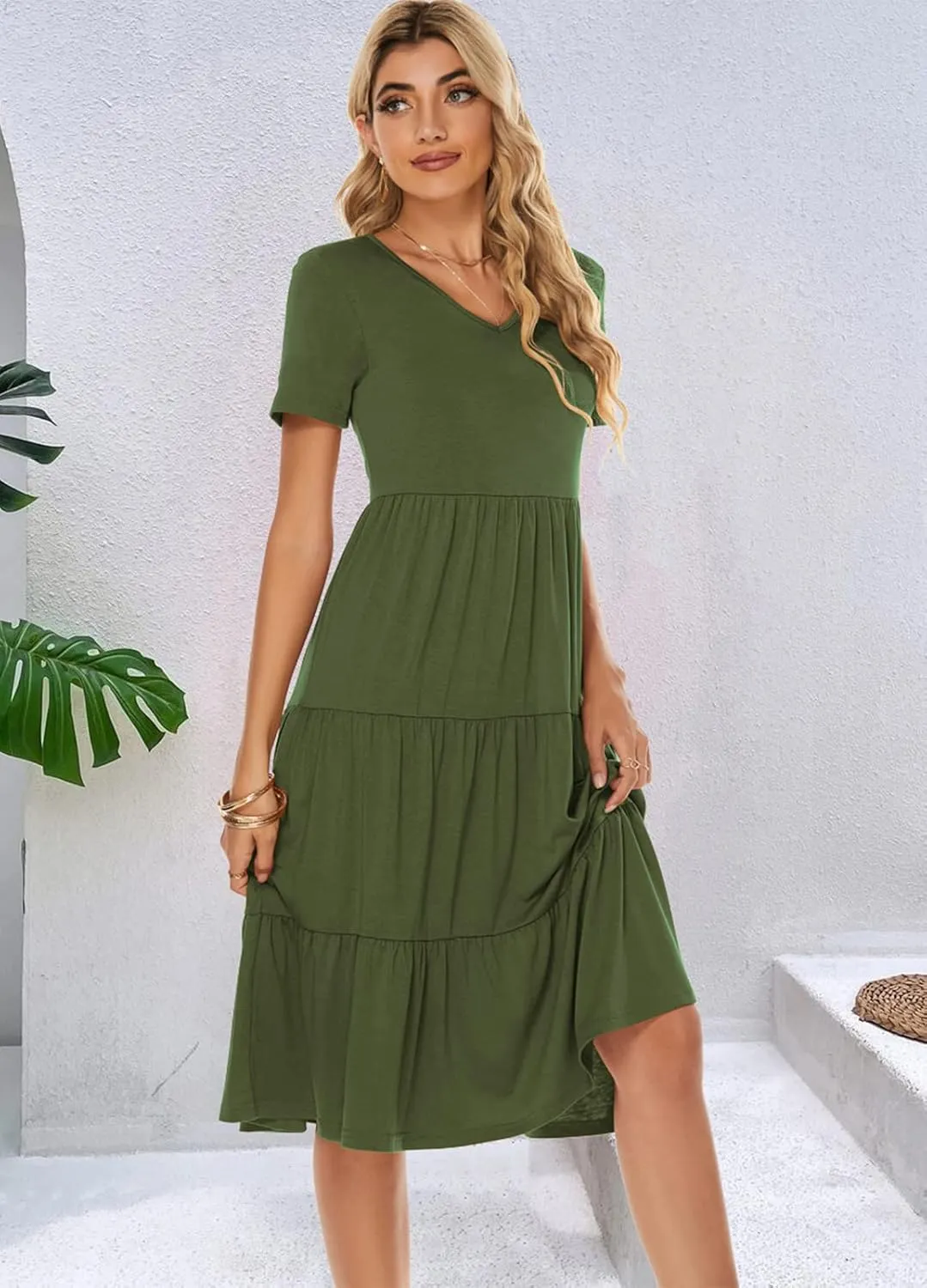 Berydress Women's Casual Summer Tiered Midi Dress 2025 Short Sleeve V-Neck Loose Cotton Ruffle Babydoll Dress Boho Sundress