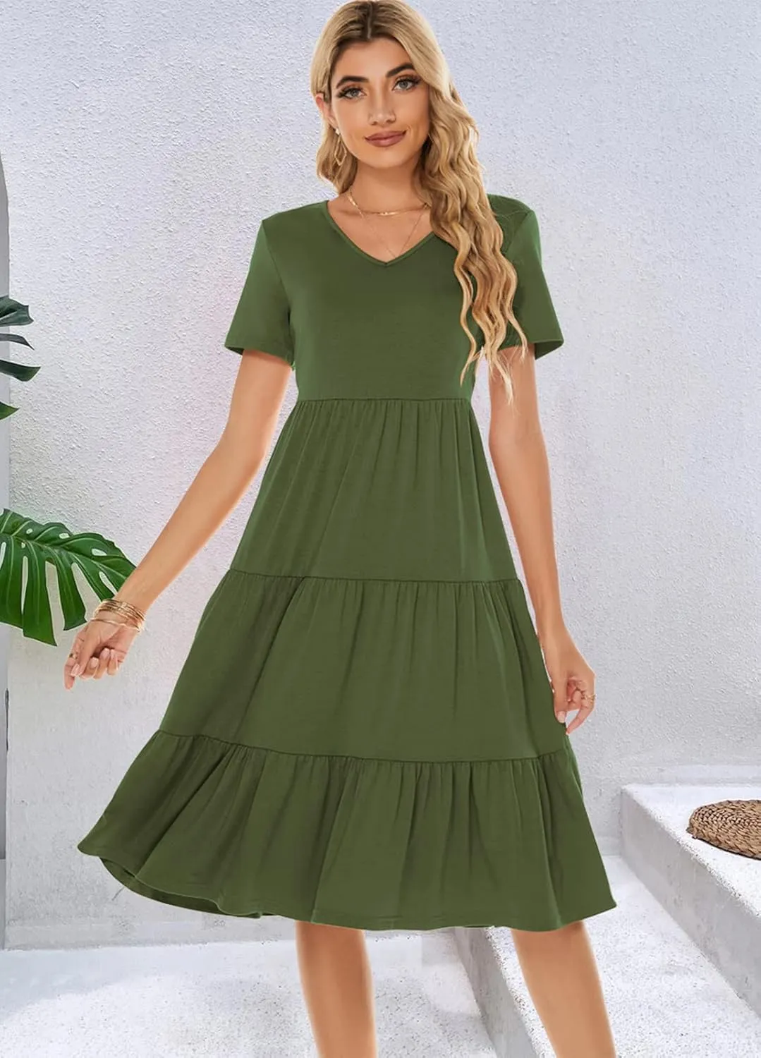 Berydress Women's Casual Summer Tiered Midi Dress 2025 Short Sleeve V-Neck Loose Cotton Ruffle Babydoll Dress Boho Sundress