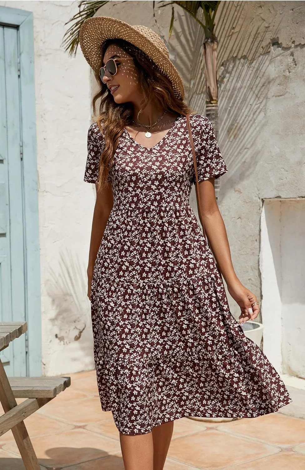 Berydress Women's Casual Summer Tiered Midi Dress 2025 Short Sleeve V-Neck Loose Cotton Ruffle Babydoll Dress Boho Sundress