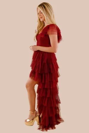 Peplum-Style London Edge BEST SELLER: On Cloud 9 Tulle Maxi Dress-Burgundy