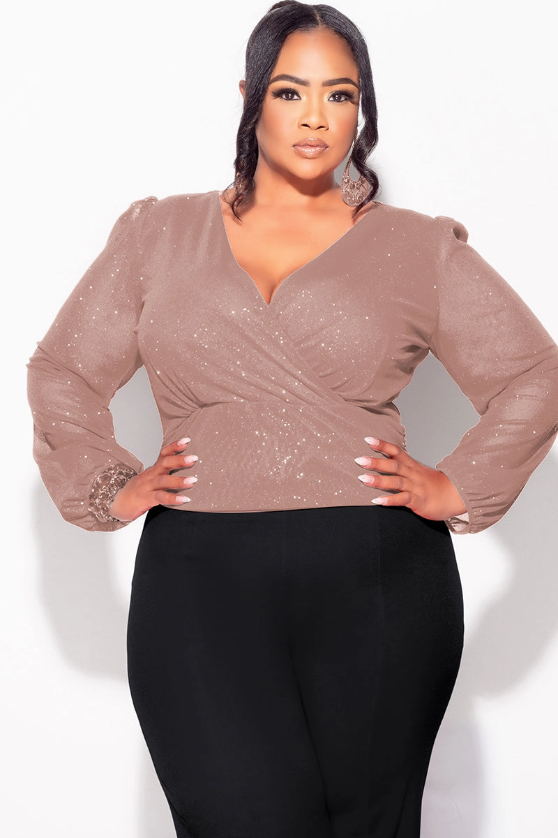 Final Sale Plus Size Sheer Glitter Faux Wrap Top in Tan Earthy Tone Colorways