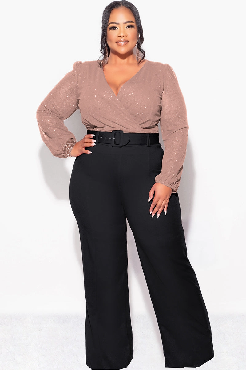 Final Sale Plus Size Sheer Glitter Faux Wrap Top in Tan ReflectiveAccents Microfiber Material