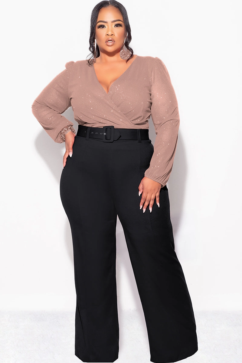 Mesh Panel Details Non Restrictive Fit Final Sale Plus Size Sheer Glitter Faux Wrap Top in Tan
