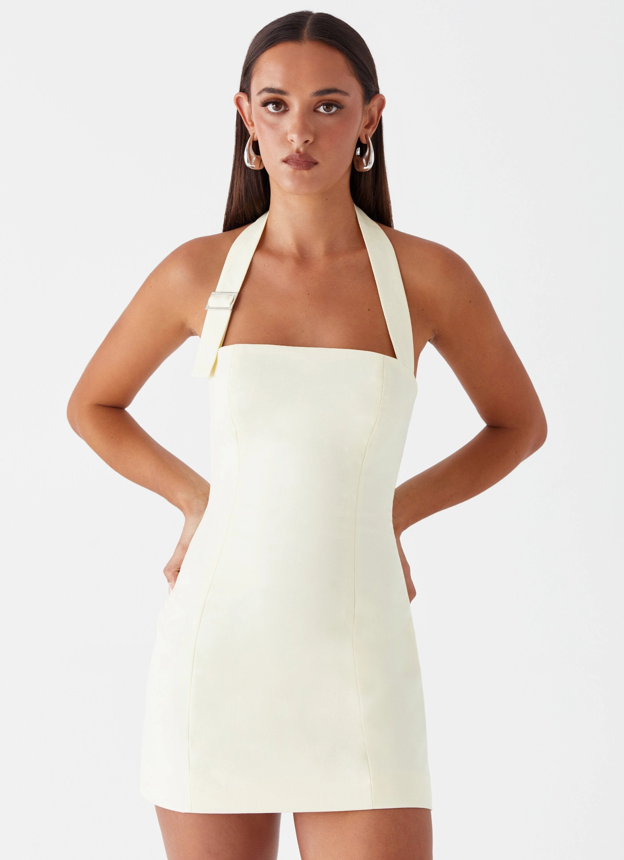 Fashionable Cut Texture Play Bianca Halter Dress - Yellow