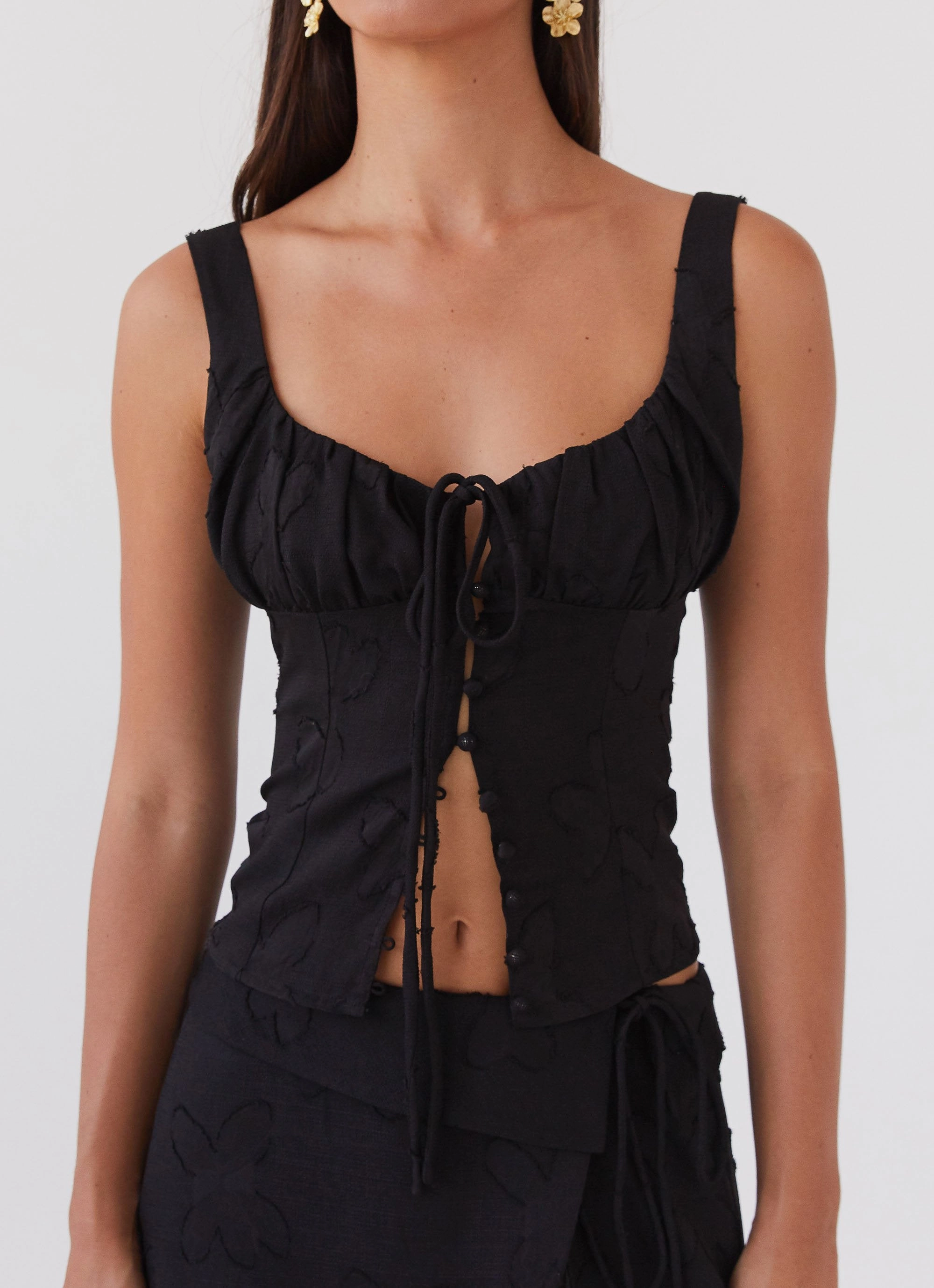 High Density Knit Bianka Tie Top - Black Petal