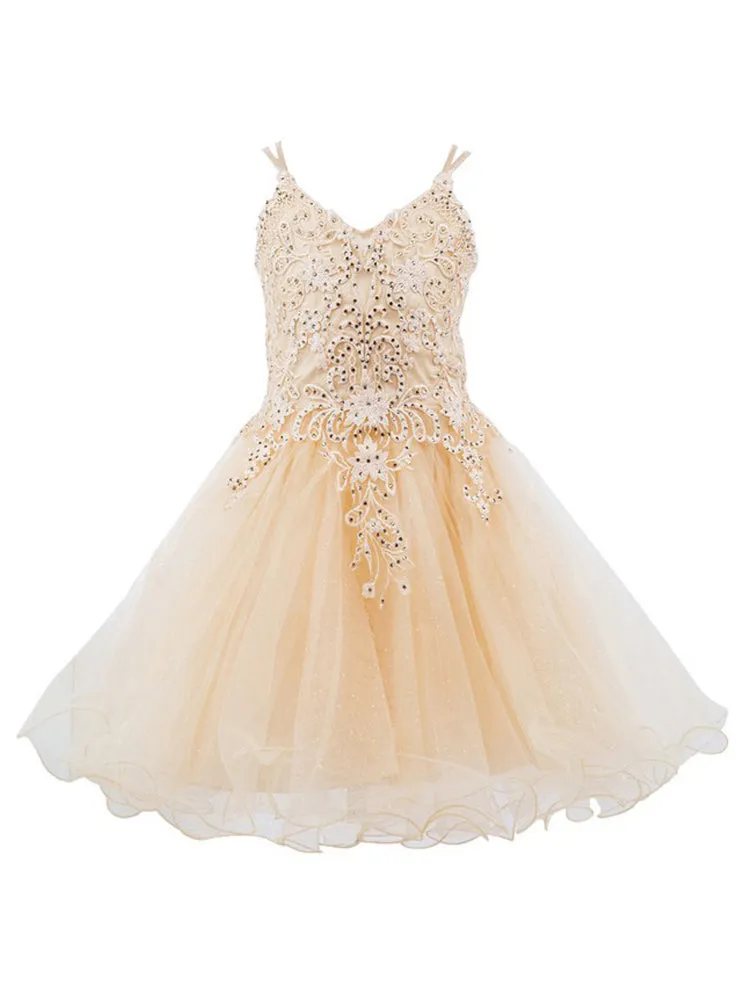 Big Girls Multi Color Double Spaghetti Rhinestone Embroidered Gown 4-16