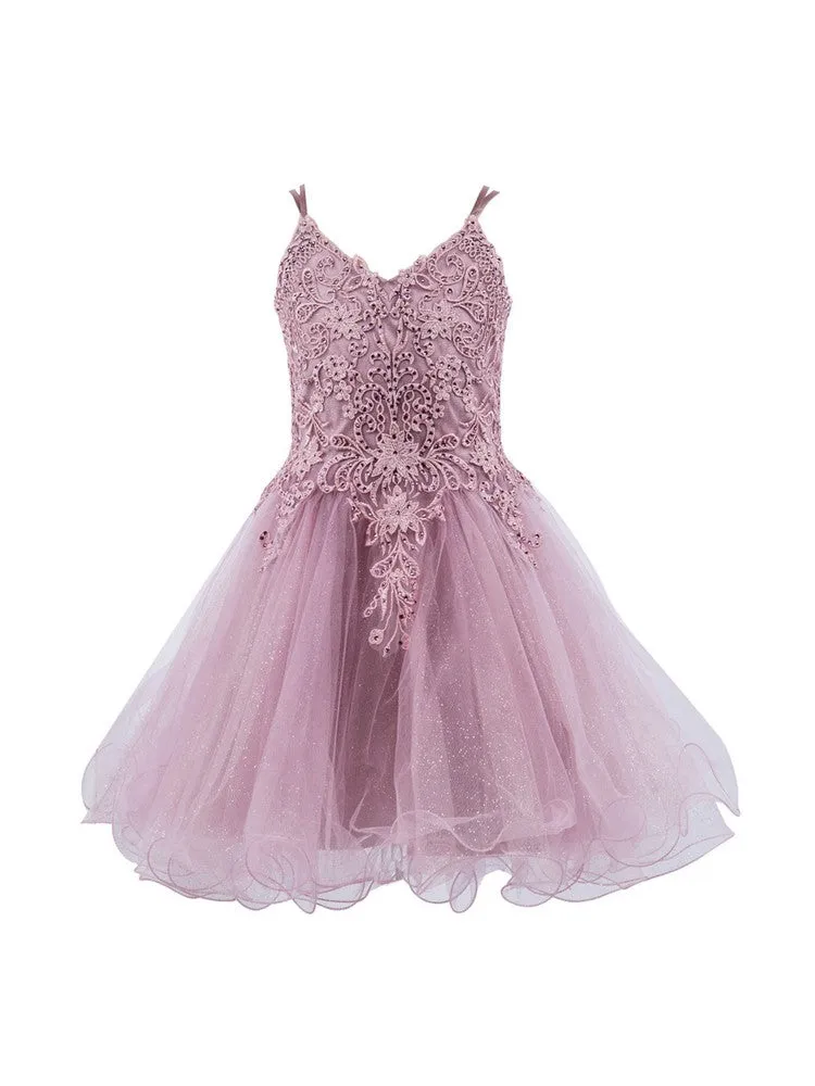 Big Girls Multi Color Double Spaghetti Rhinestone Embroidered Gown 4-16