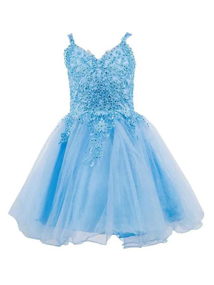 Big Girls Multi Color Double Spaghetti Rhinestone Embroidered Gown 4-16
