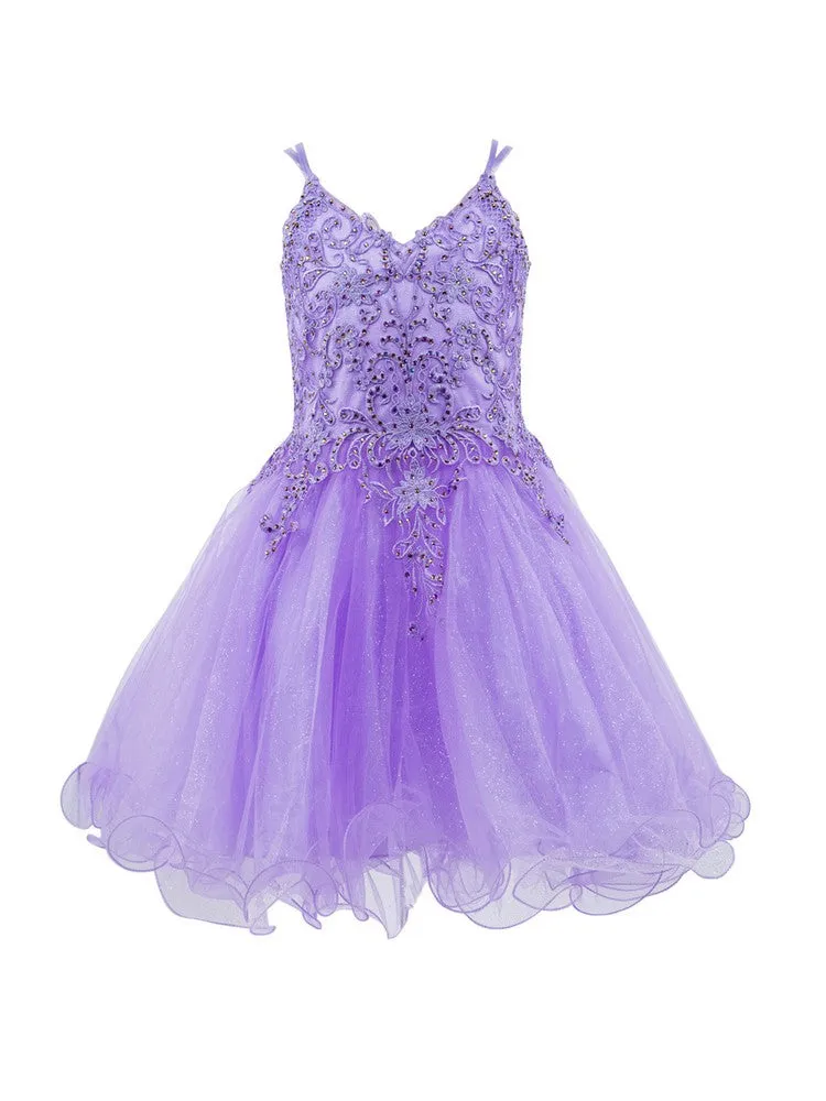 Big Girls Multi Color Double Spaghetti Rhinestone Embroidered Gown 4-16