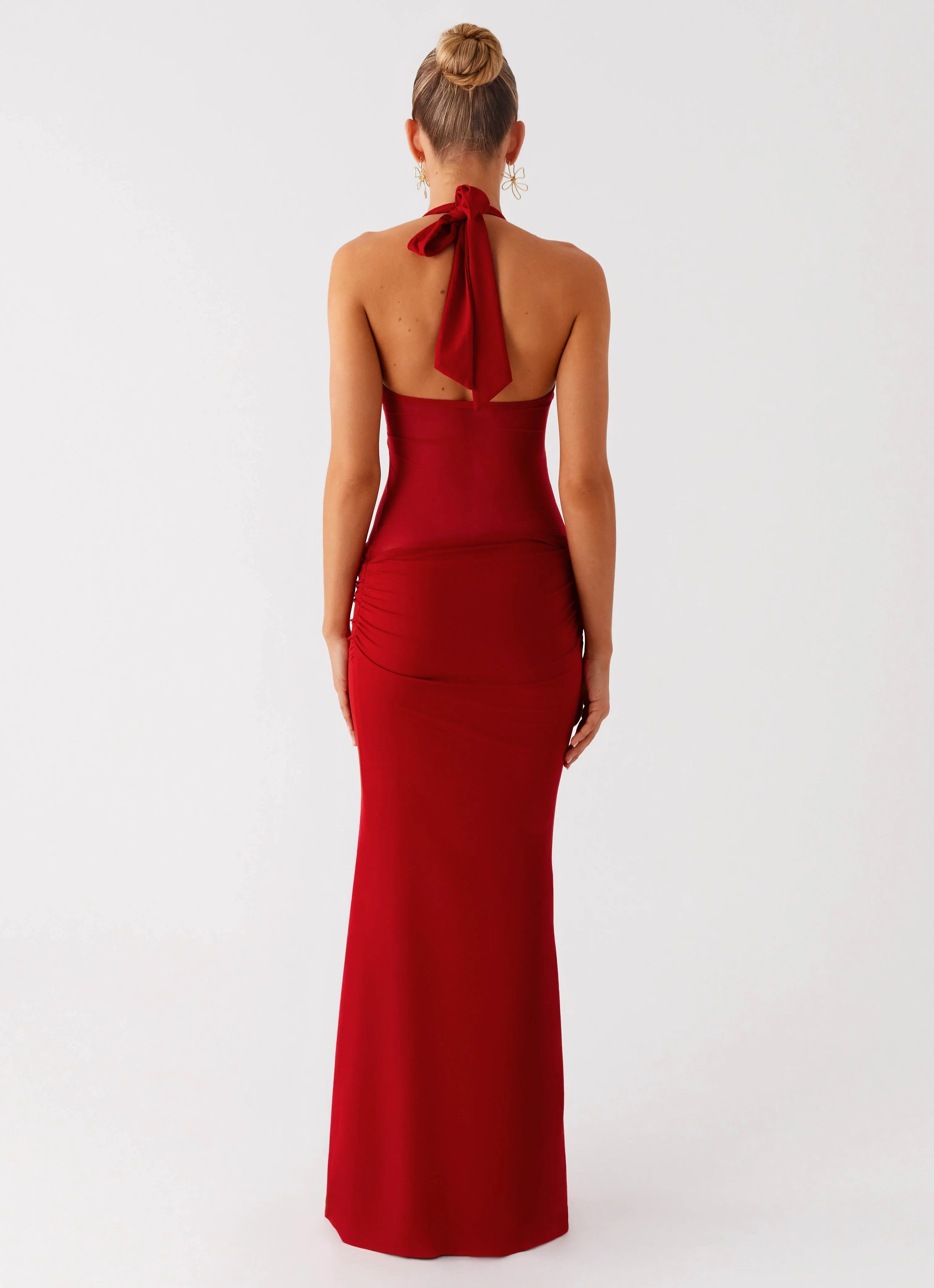 Billen Halter Maxi Dress - Red Silky Shine Edge Shape