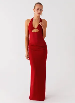 Metallic Finish Billen Halter Maxi Dress - Red