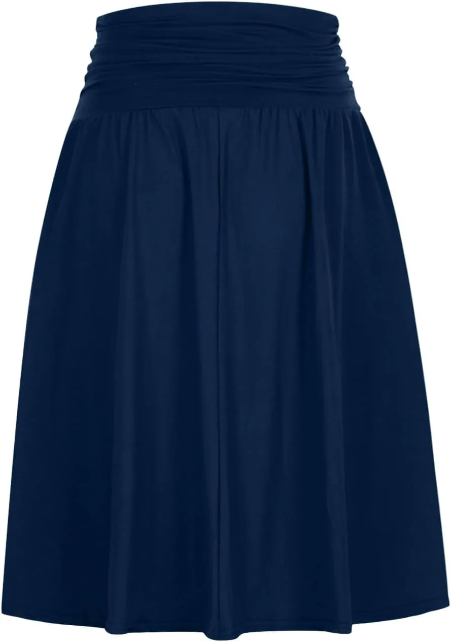 Binmer Women's High Waist Midi Skirt Vintage Elastic A-Line Pleated Below The Knee Length Ruched Flowy Skirts with Pockets