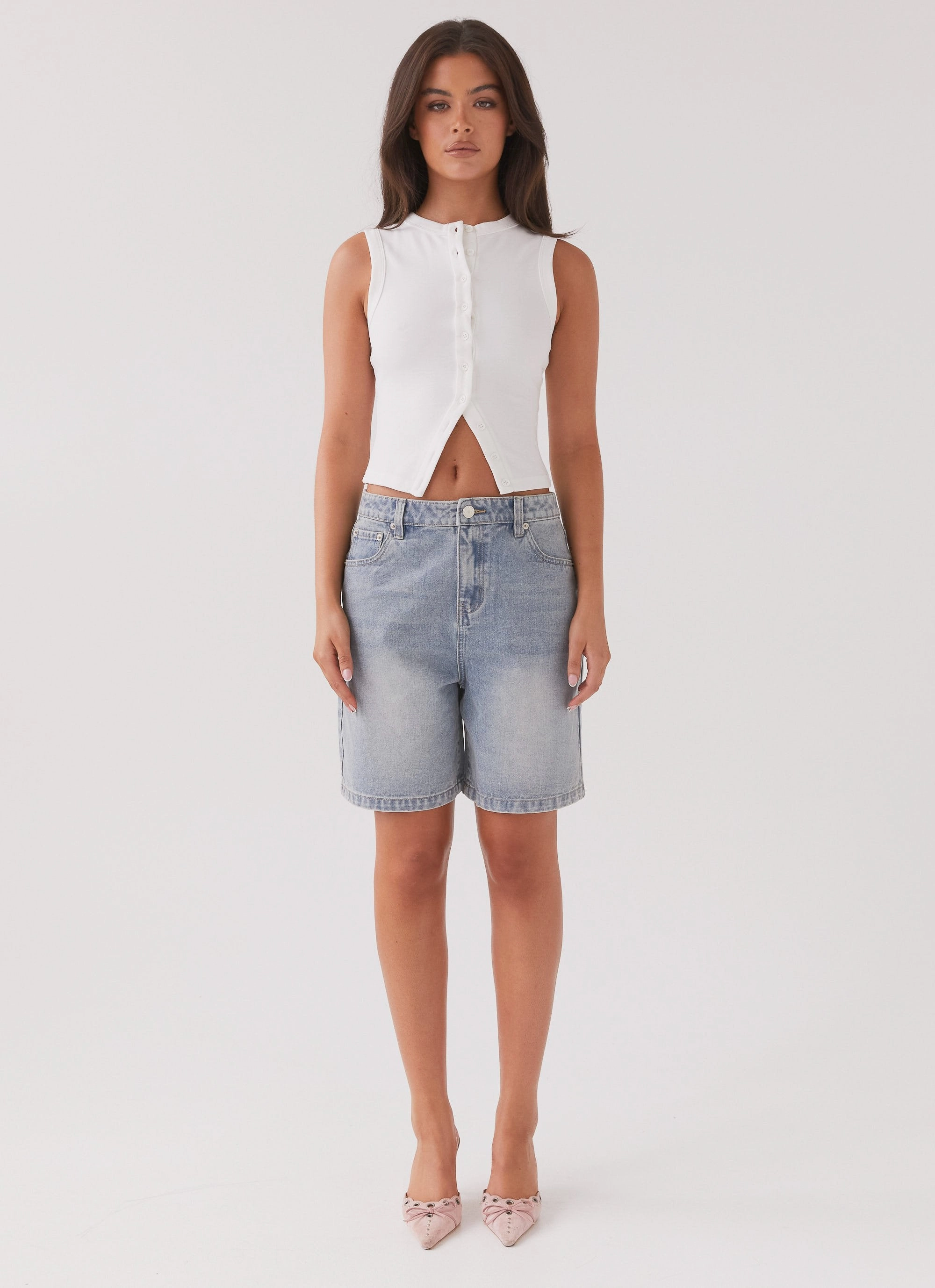 Reinforced Hem Stitching Blair Buttoned Tank Top - White