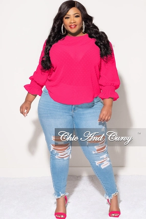Final Sale Plus Size Chiffon Sheer Top with Dot Embossing in Pink Breathable Weave Fabric