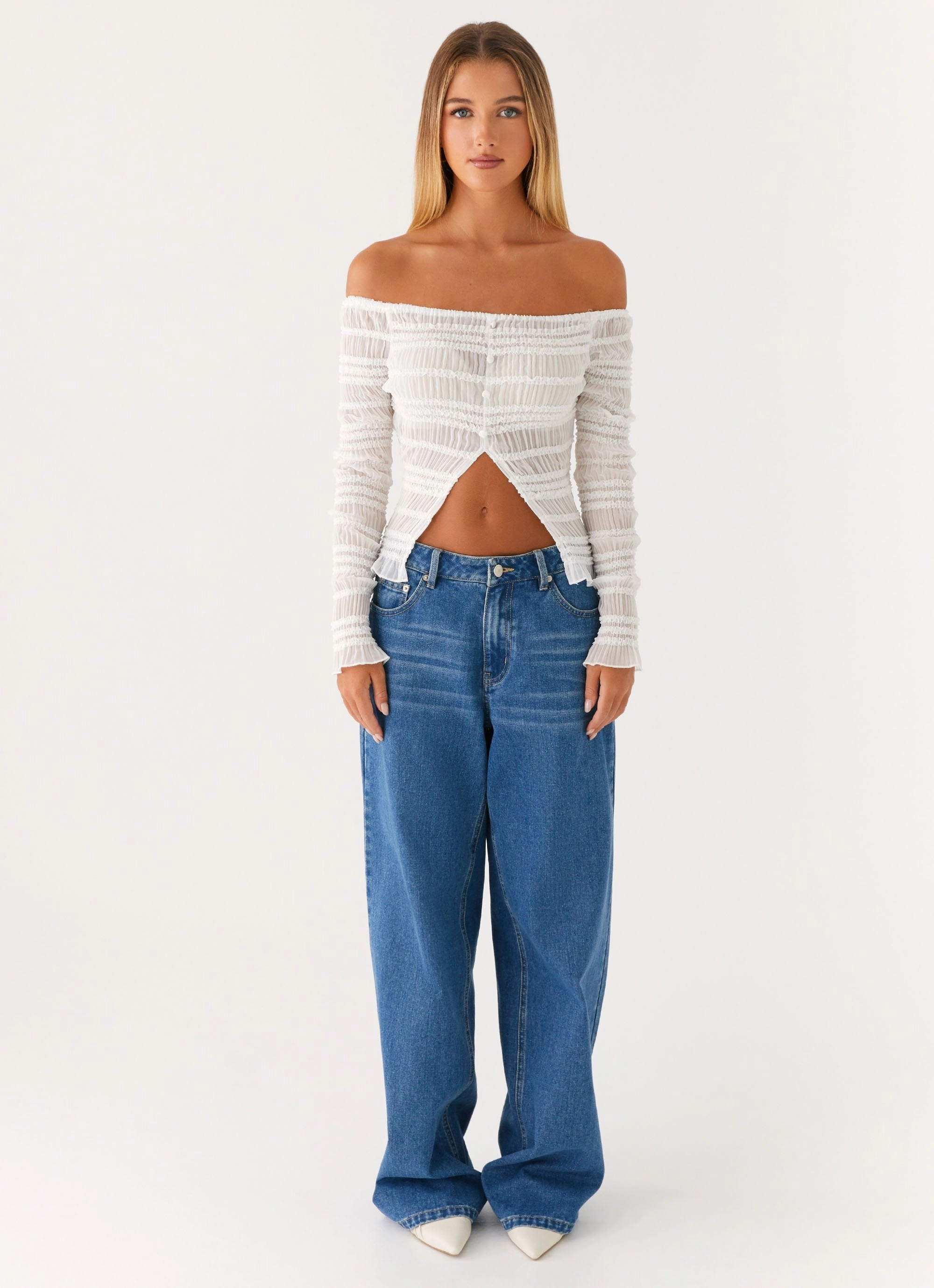 Golden One Shirred Off Shoulder Top - White Stay Cool Technology WrinkleResistantWeave