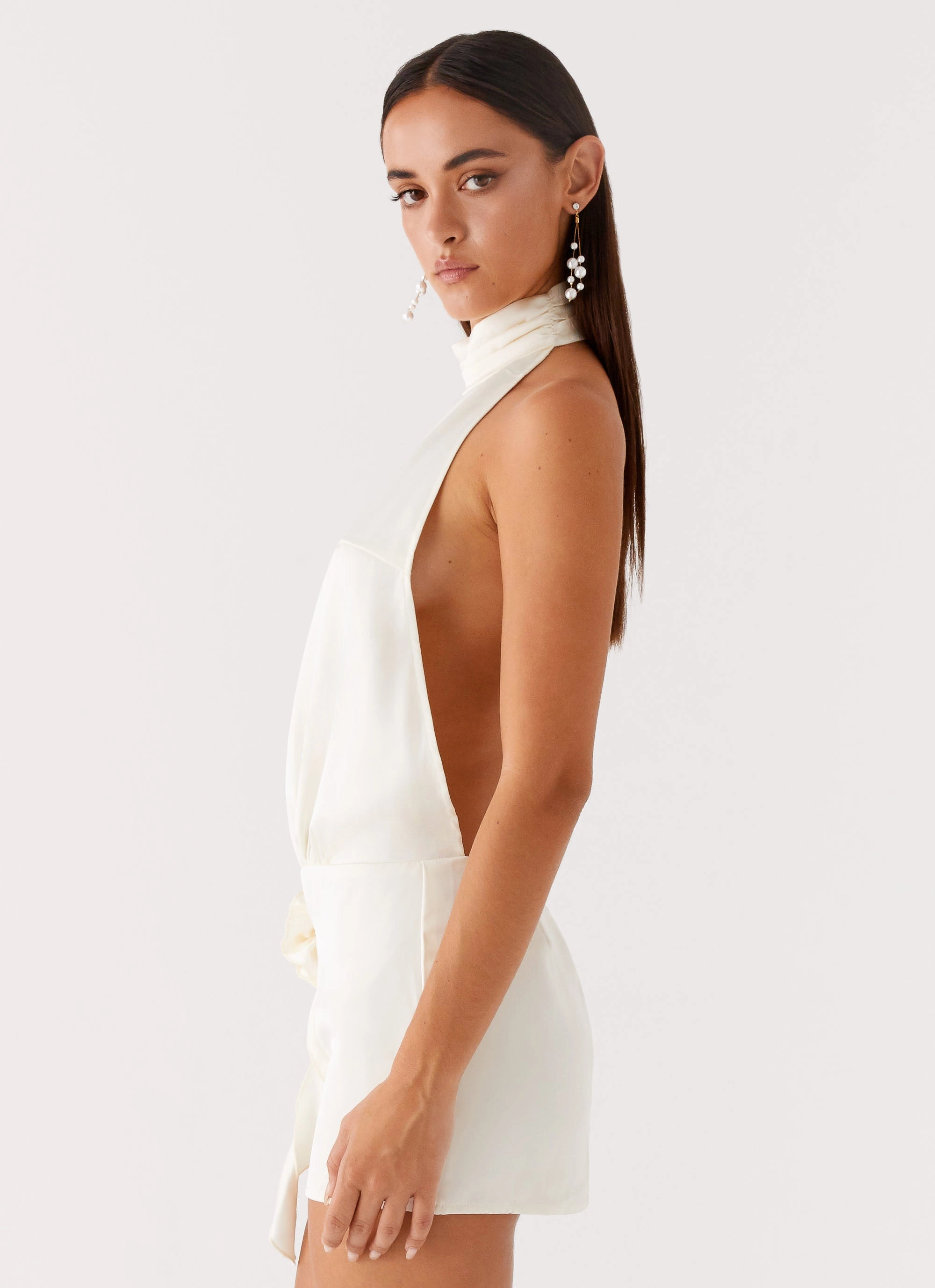 Birdie Halterneck Mini Dress - Ivory Subtle Finish Quiet Glow