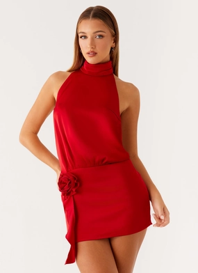 Birdie Halterneck Mini Dress - Red Silky Drape Frayed-Edge