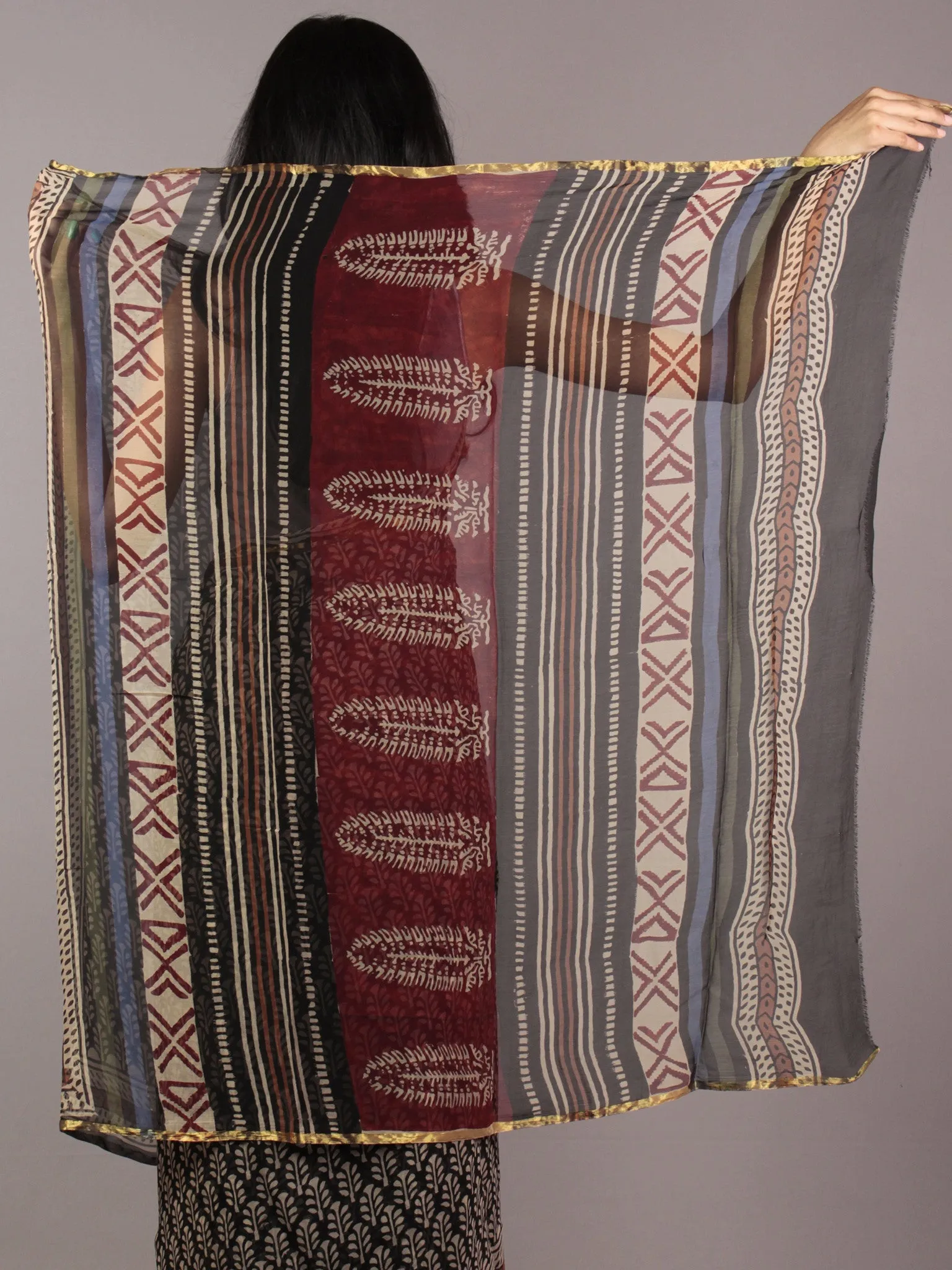 Black Beige Maroon Hand Block Printed Chiffon Saree - S031701818