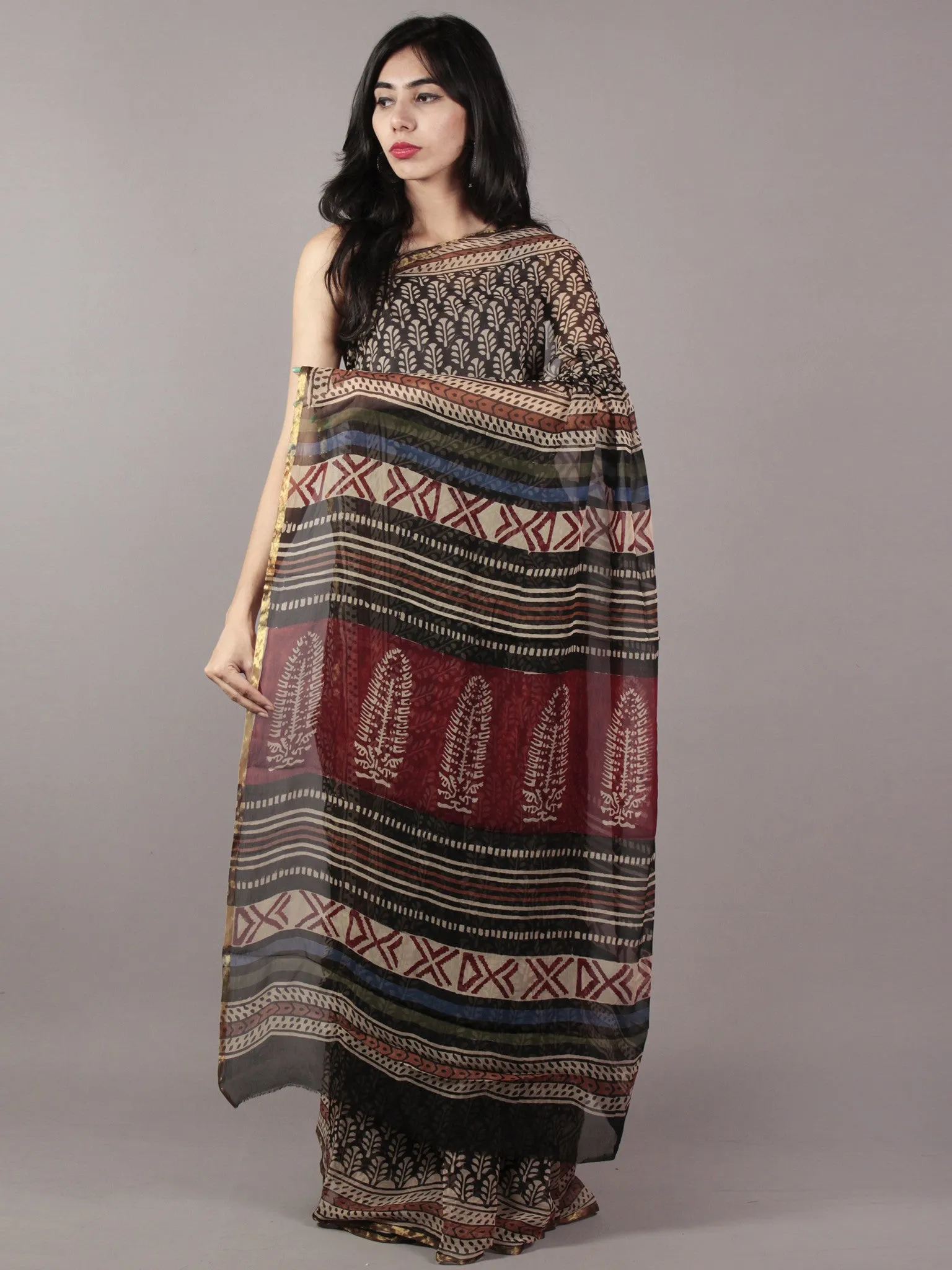 Black Beige Maroon Hand Block Printed Chiffon Saree - S031701818